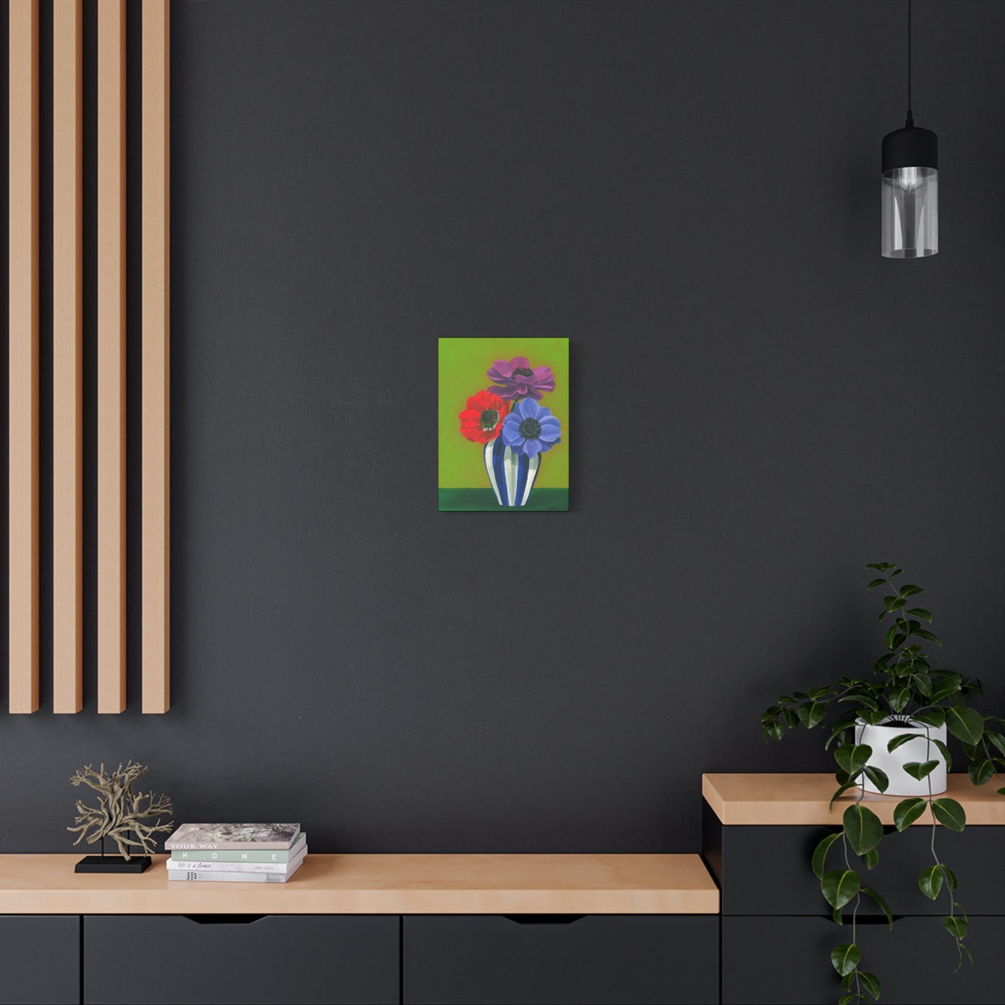 Three Anemones in Blue and White Striped Vase Canvas Gallery Wrap