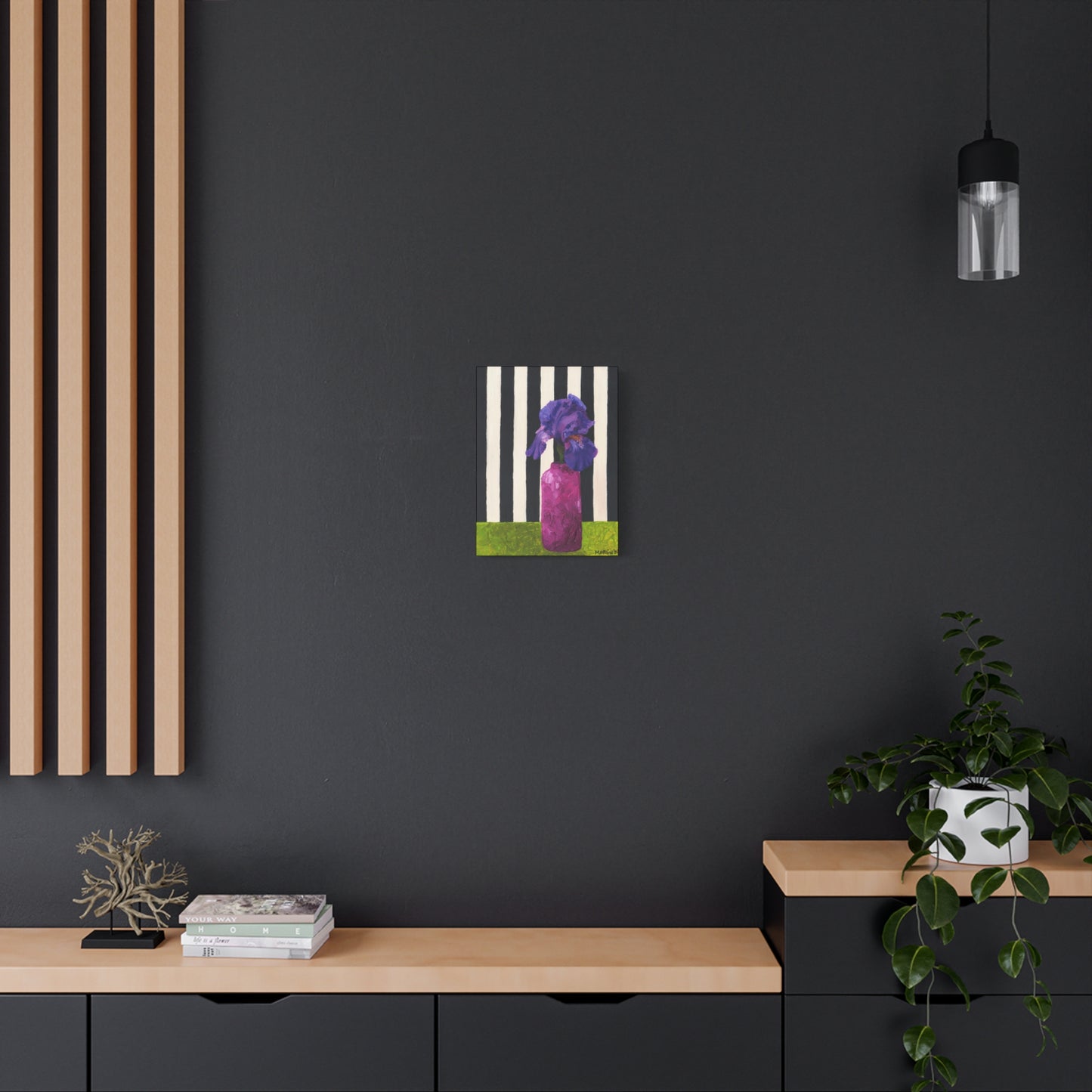 Purple Iris with Black and White Striped Background Canvas Gallery Wrap
