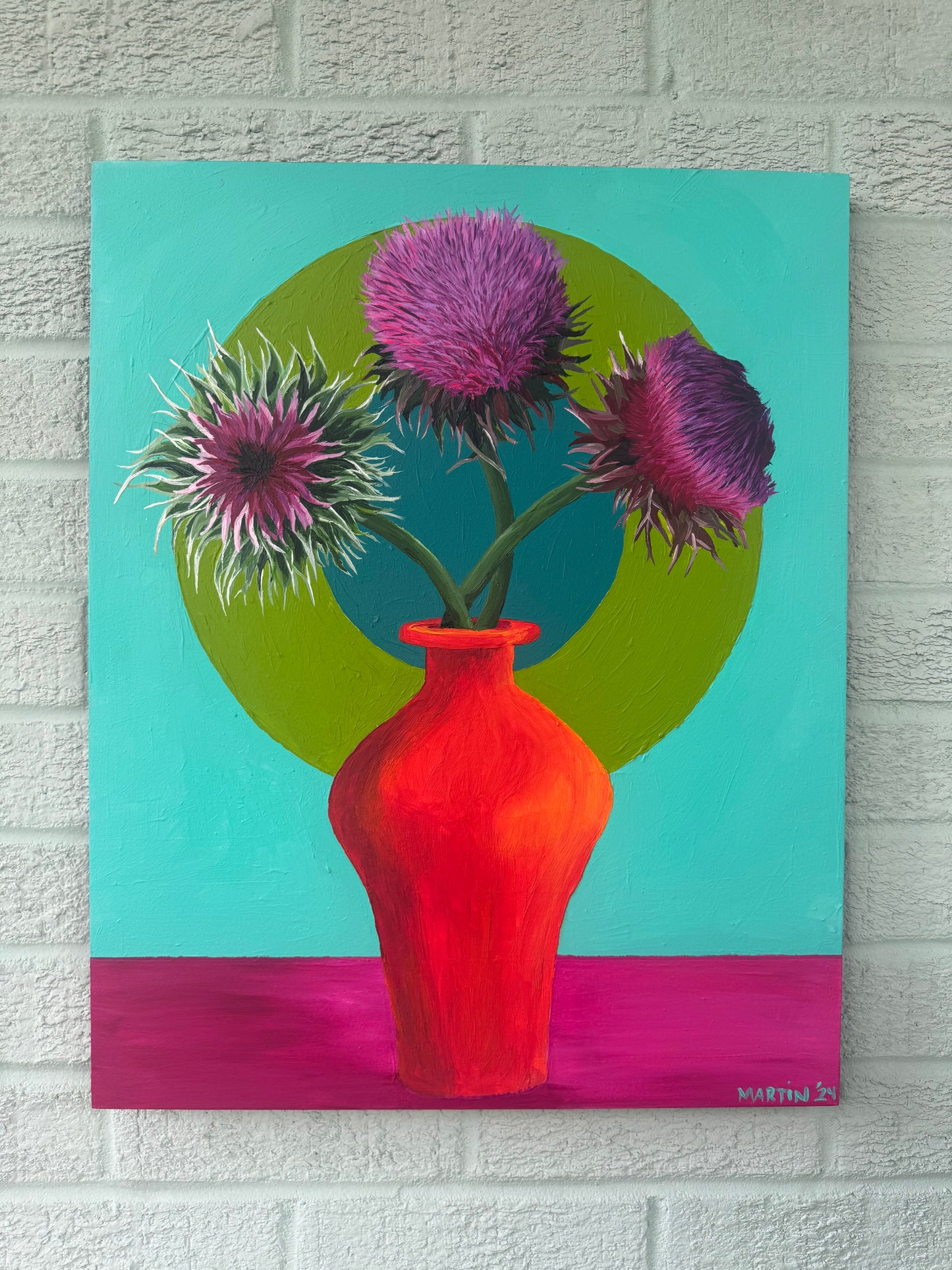Three Thistles in Orange Vase - 16x20” Original Acrylic Painting on Gesso Board - FREE SHIPPING in the U.S.!