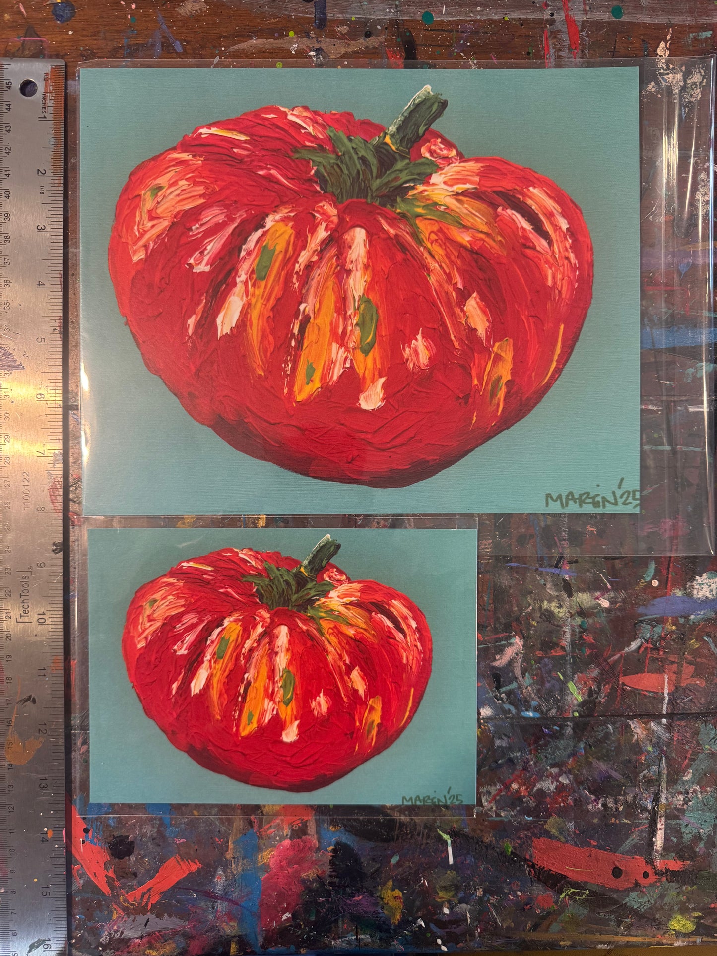 Red Tomato on Aqua Background high quality print - FREE SHIPPING IN THE U.S.