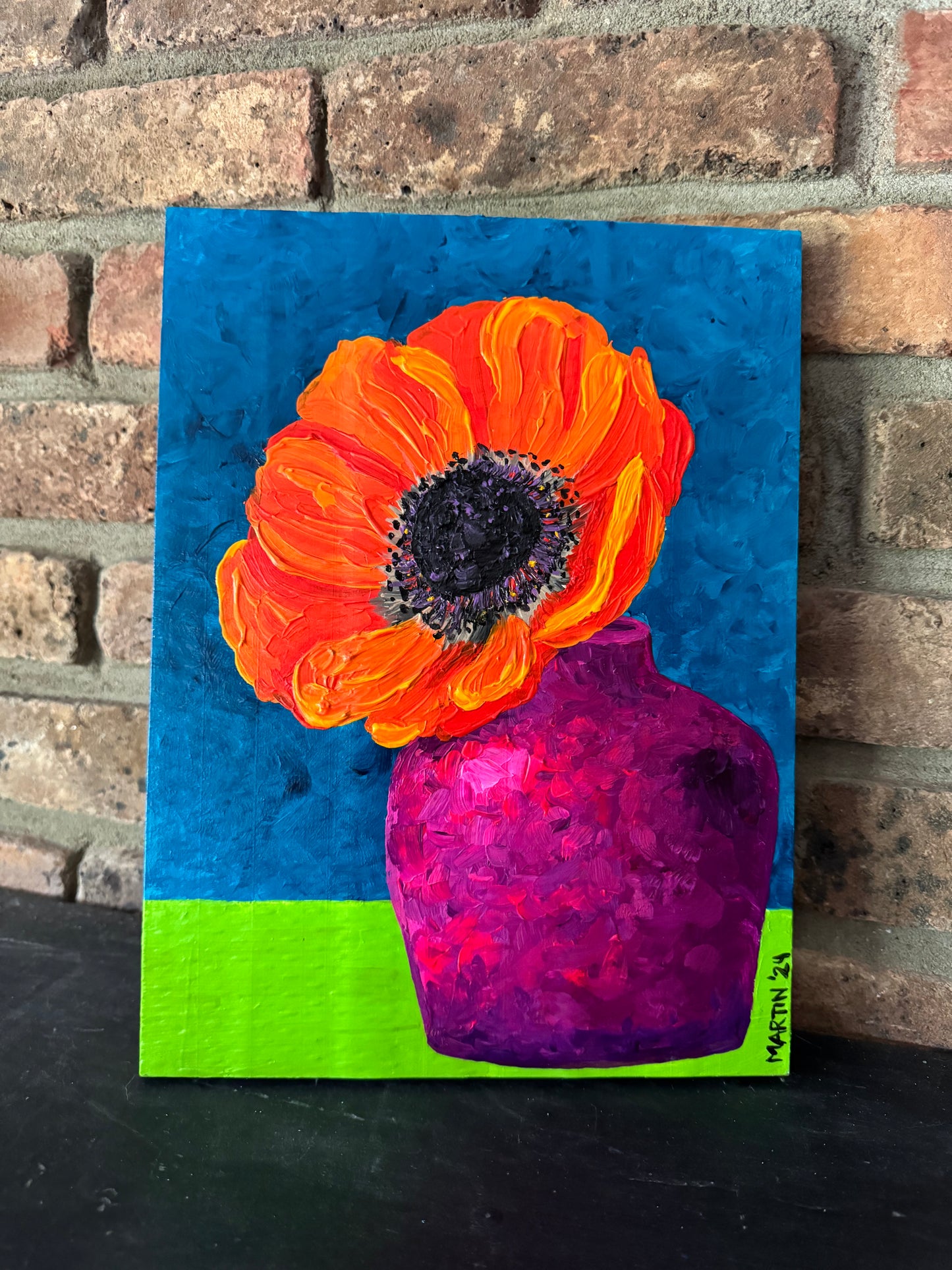 Orange Anemone in Pink Vase - 9x12" Original Painting - Acrylic on Wood - FREE SHIPPING IN THE US