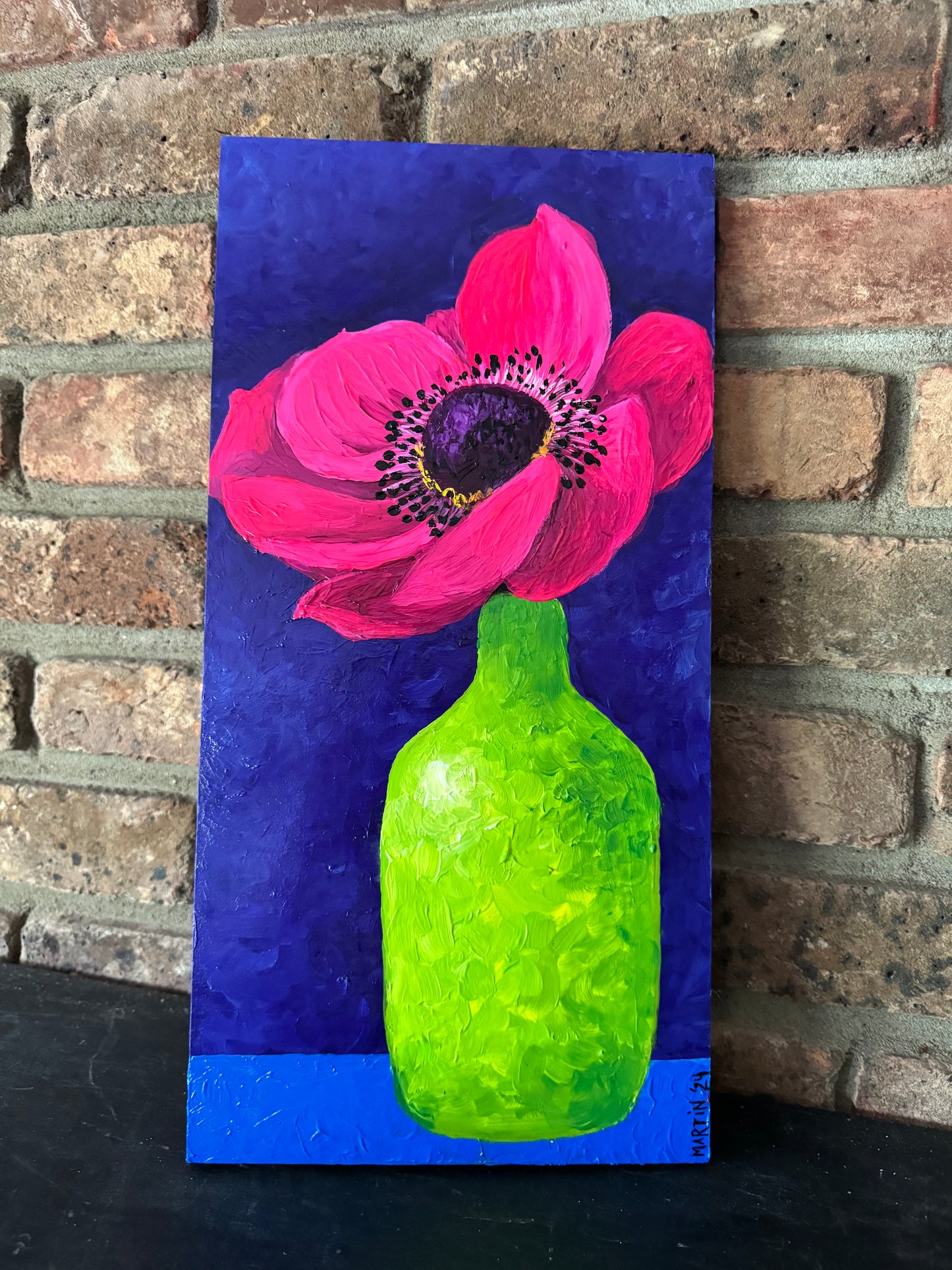 PINK ANEMONE IN GREEN VASE - 8x16" original art - Acrylic on Wood - FREE SHIPPING IN THE US