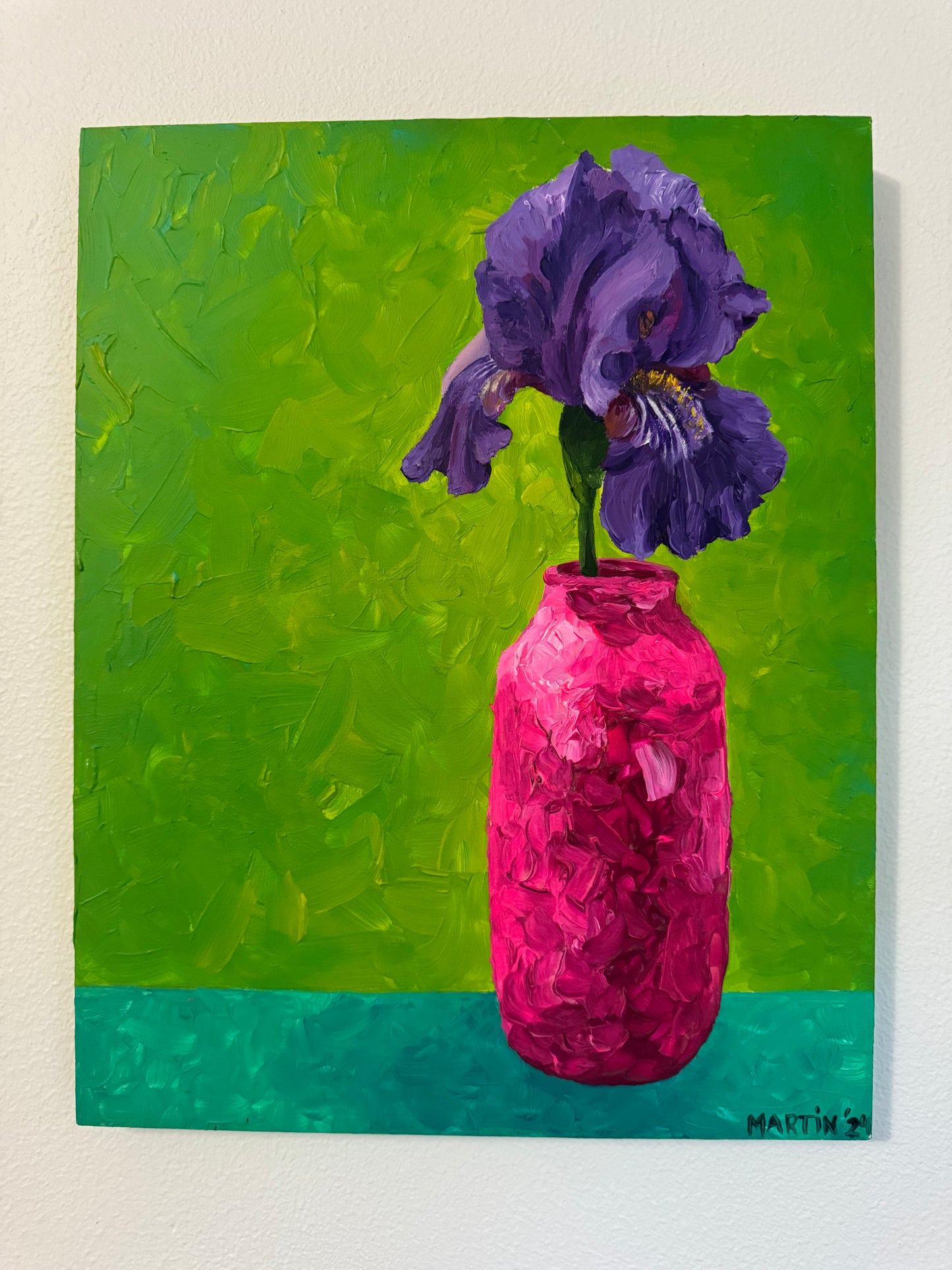 PURPLE IRIS ON GREEN BACKGROUND - 11x14" Original Art - Acrylic on Gesso Board - FREE SHIPPING IN THE US