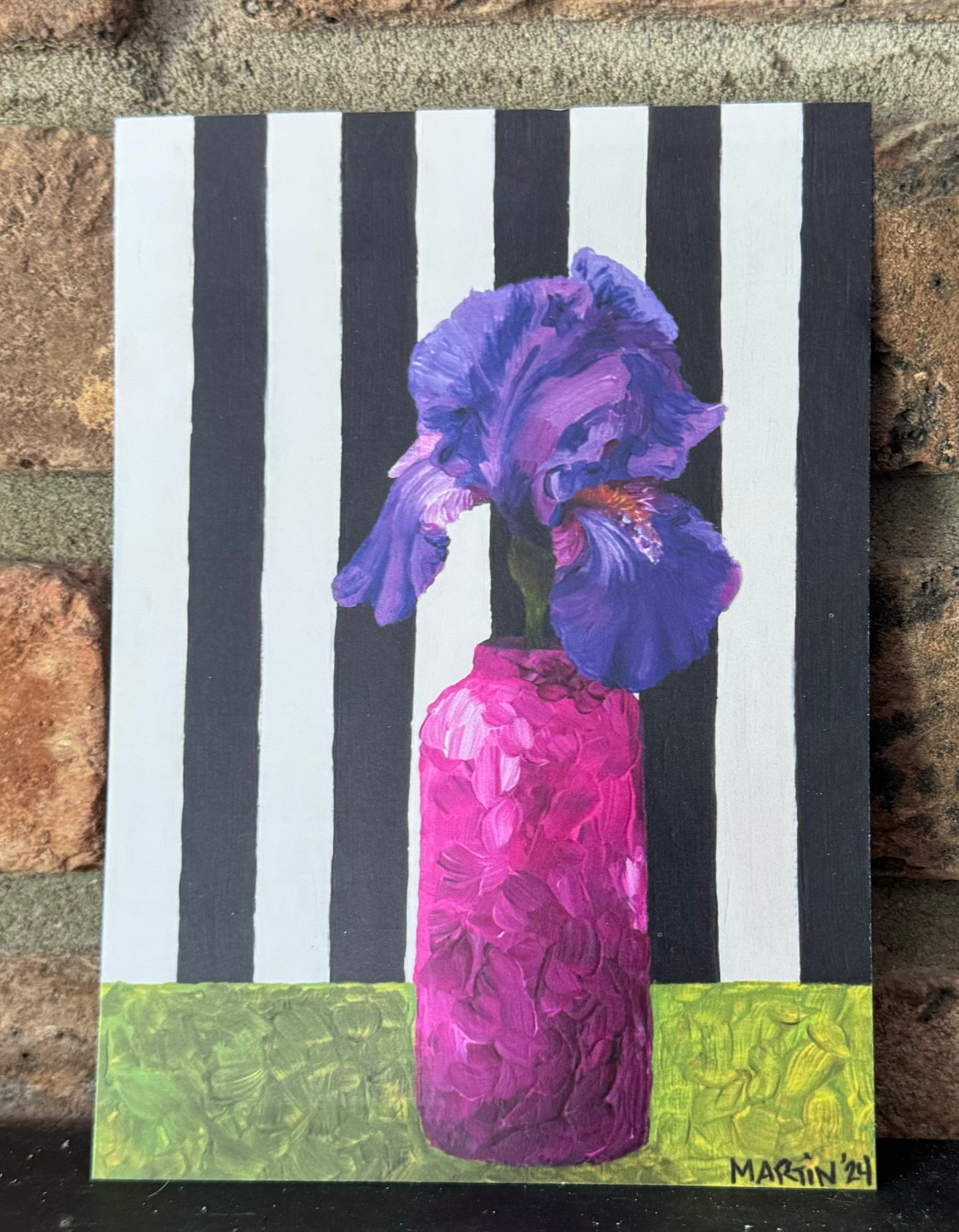 Purple Iris on Black and White Striped Background Print - FREE SHIPPING IN THE US