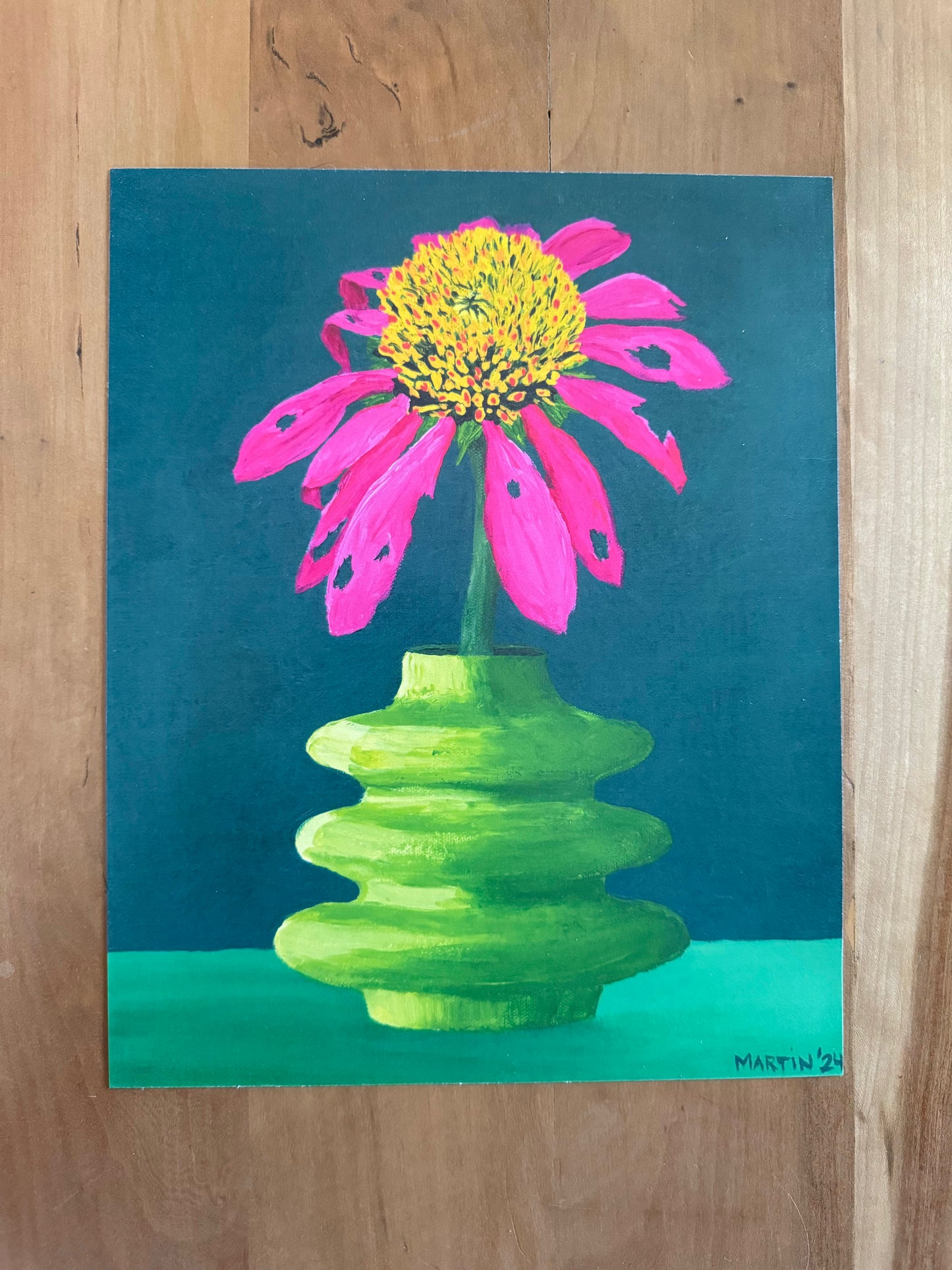 Beat-Up Coneflower in Wavy Green Vase - PRINT - FREE SHIPPING IN THE US