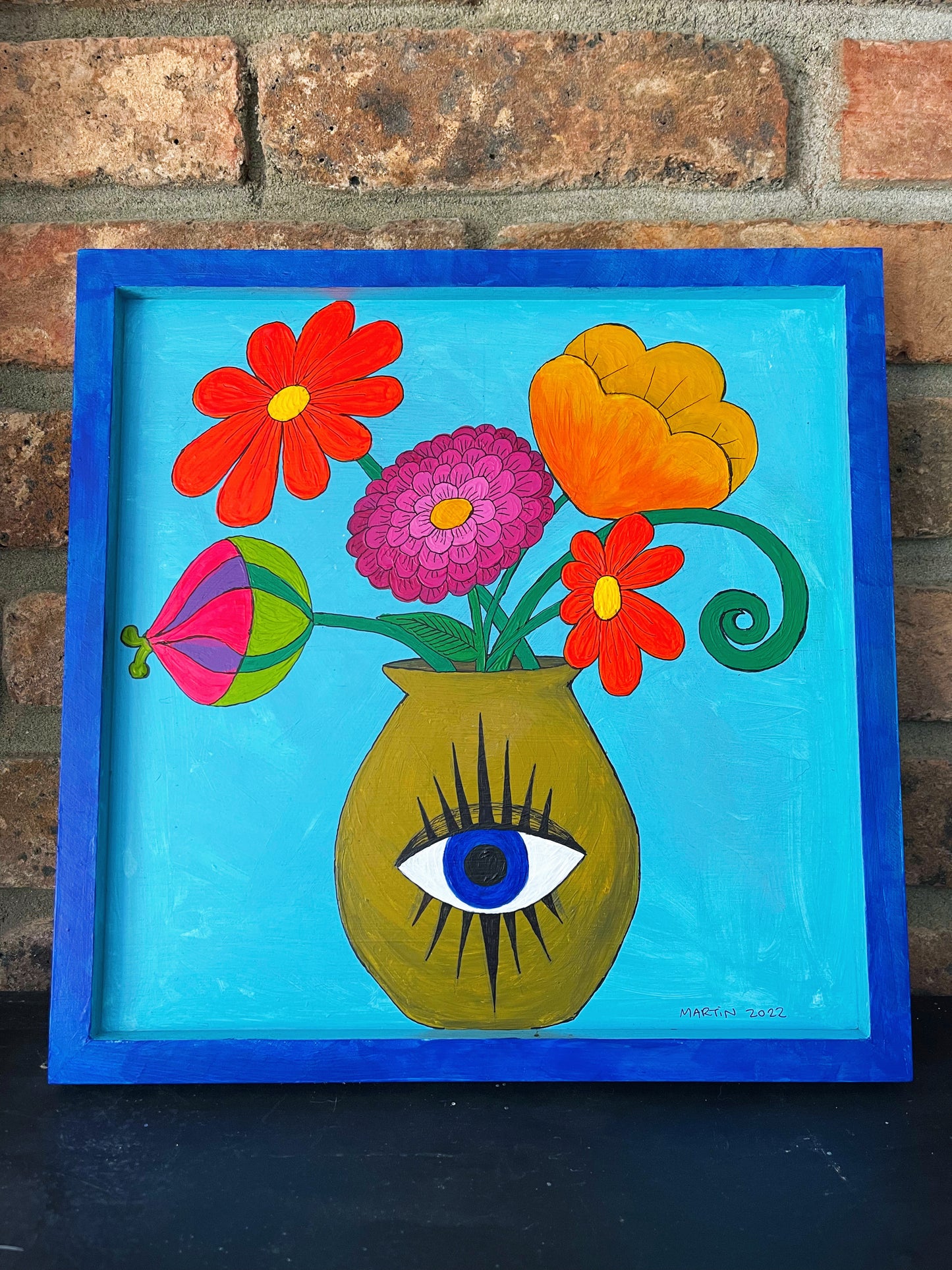 Flowers in an eye vase - 12" x 12" framed wood panel - FREE SHIPPING