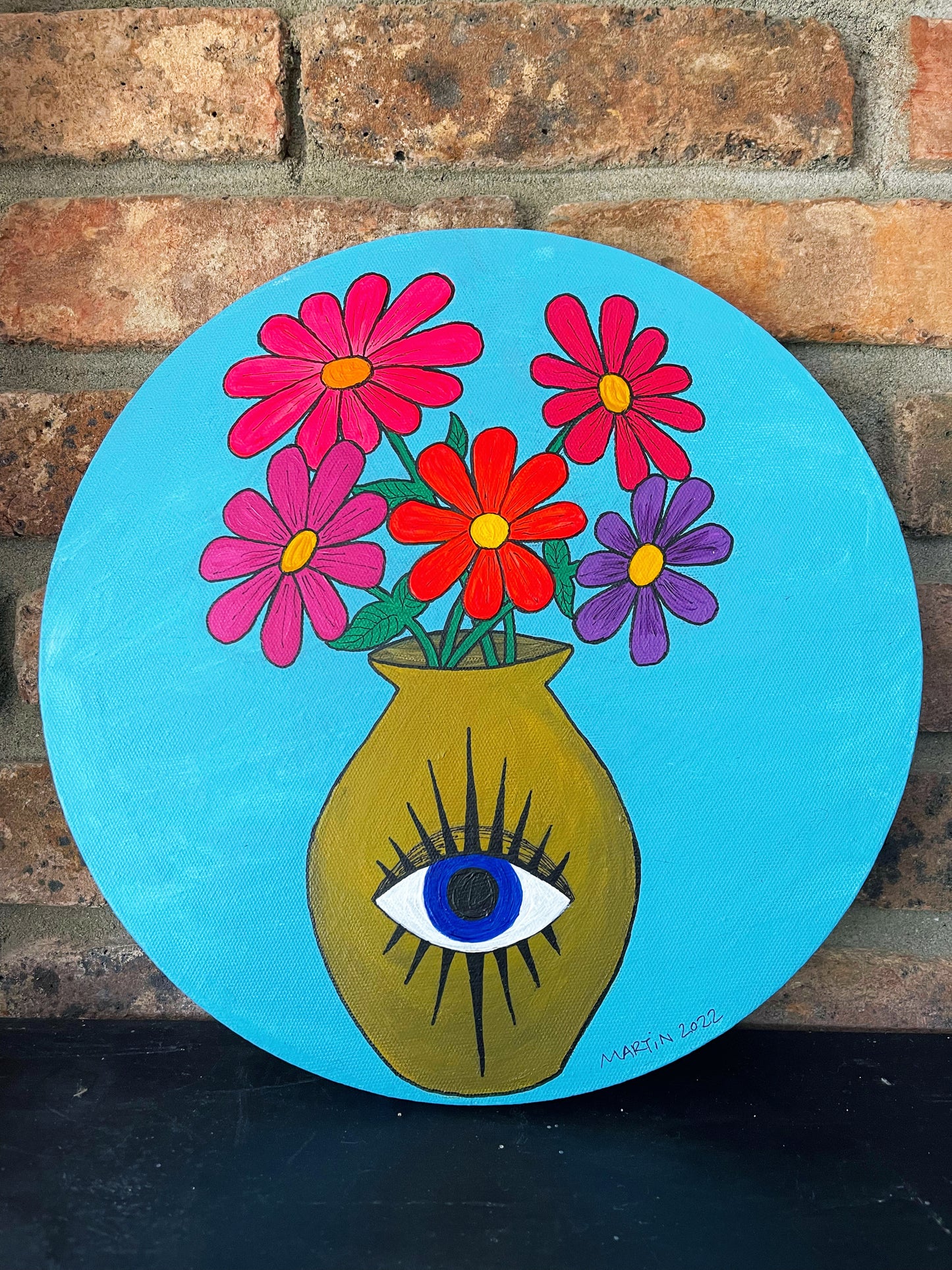 Flowers in eye vase - 12" x 12" circular canvas - FREE SHIPPING