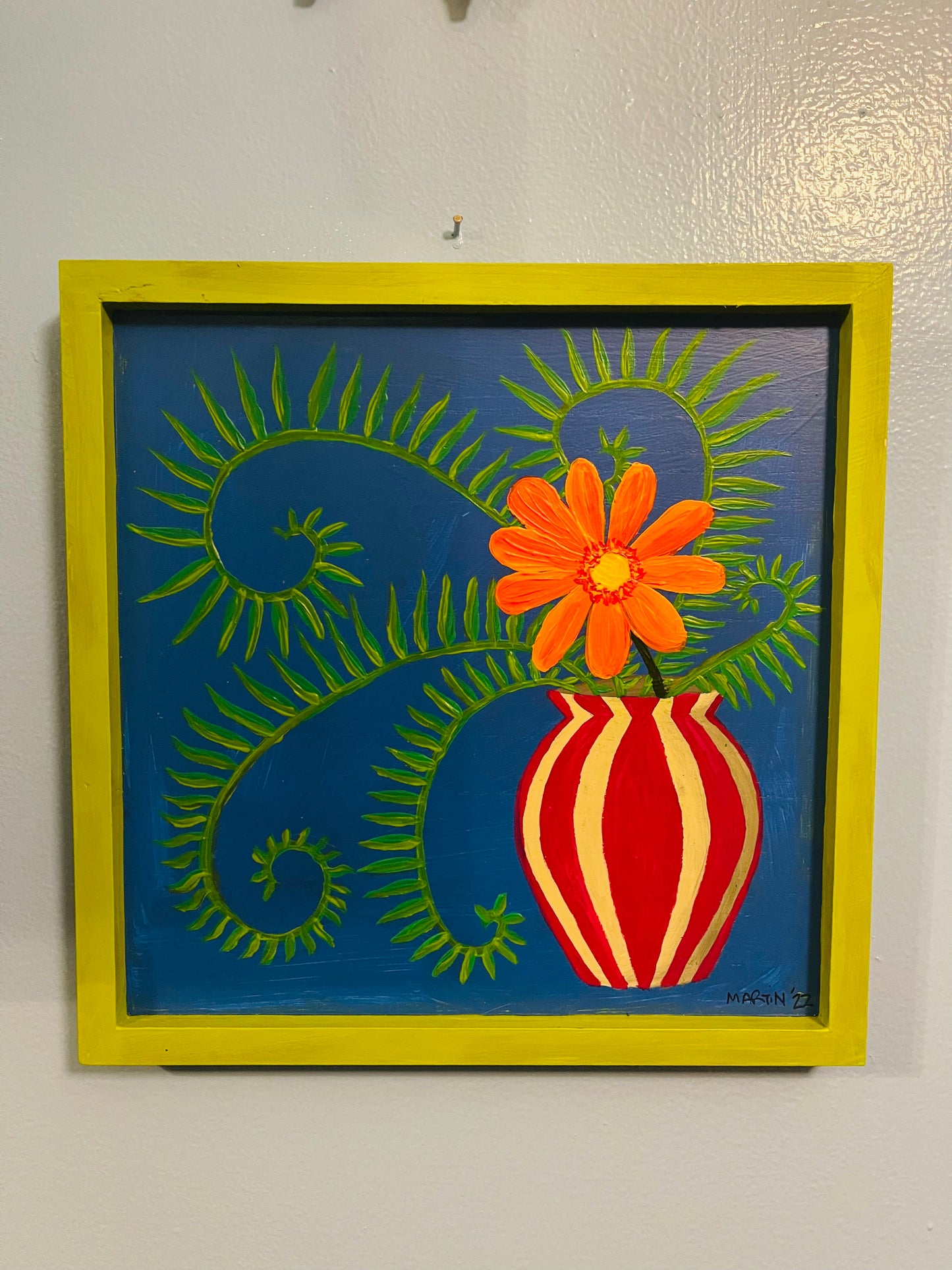 Ferns and Daisy in Magenta Striped Vase - Acrylic on Framed Wooden Panel - FREE SHIPPING IN US