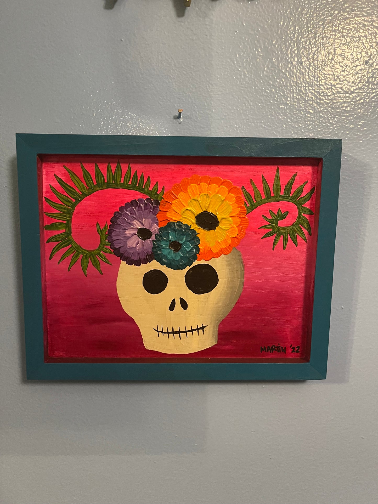 Zinnias in Skull Vase - Acrylic on 8x10" framed wooden panel - FREE SHIPPING IN US
