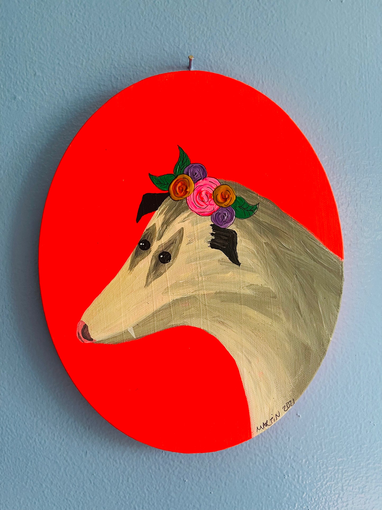 Opossum with Flower Crown - Acrylic on 8x10" Oval Canvas - FREE SHIPPING IN US
