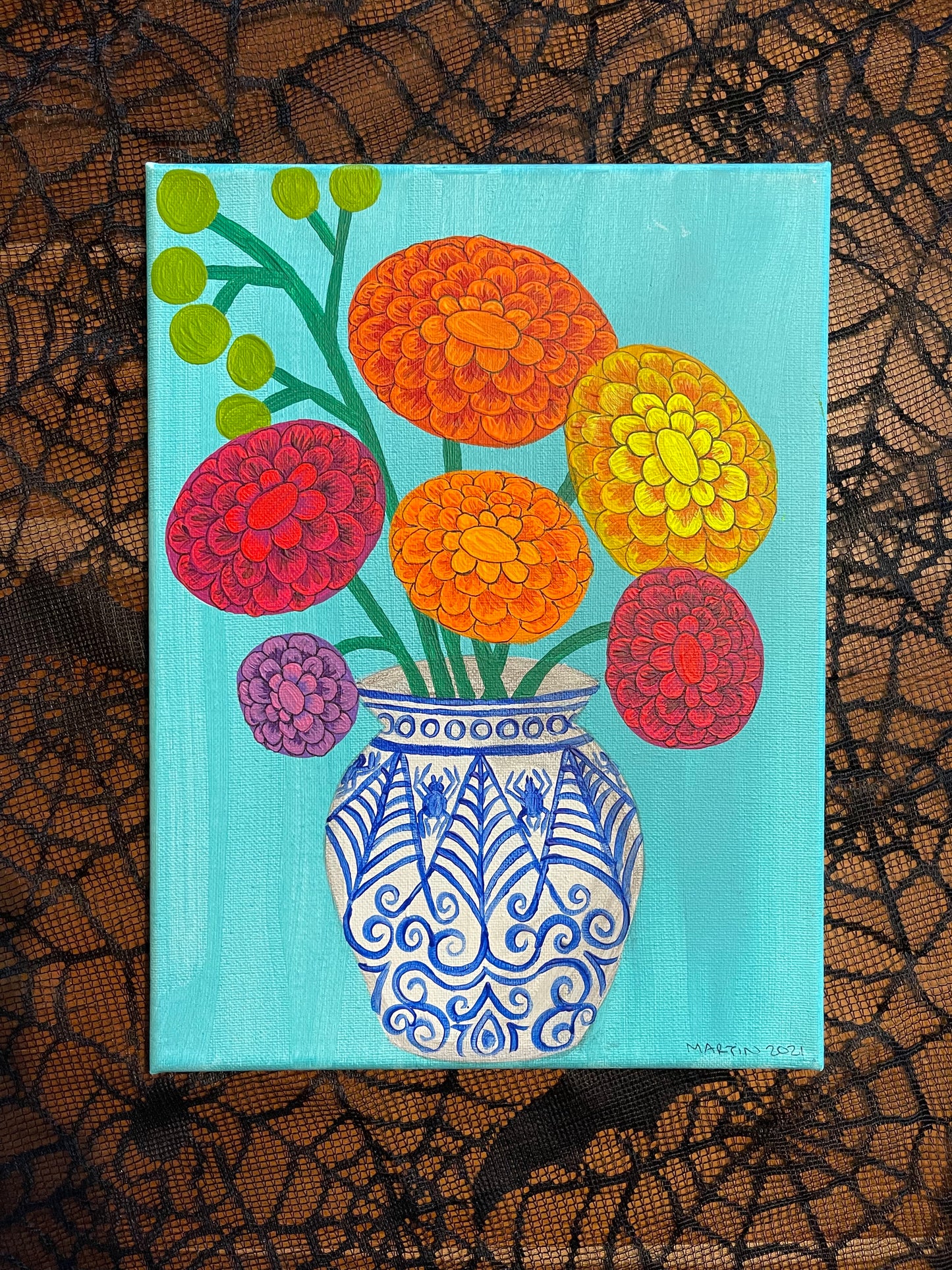 9x12" Zinnias on aqua background - Original Art -*FREE SHIPPING*