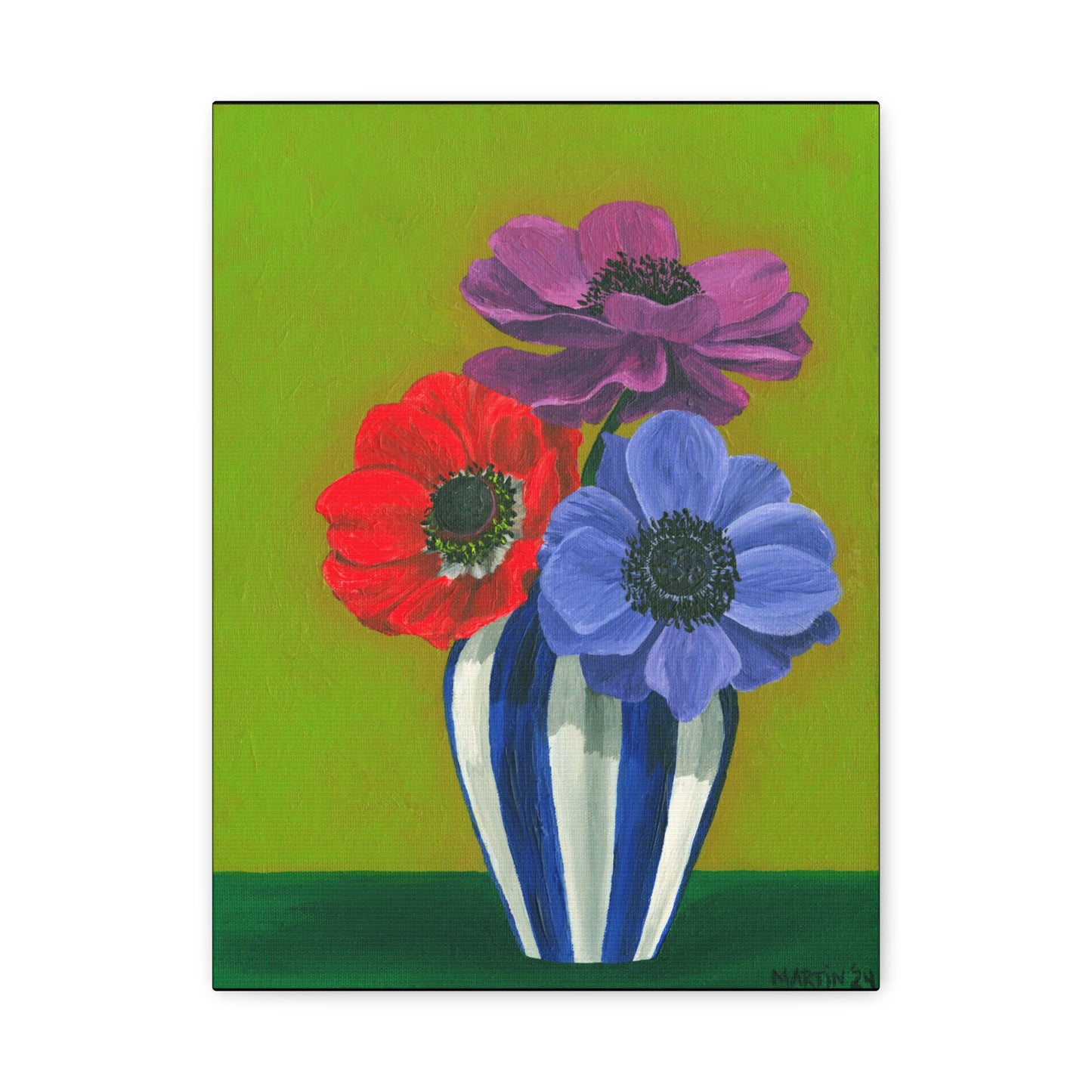 Three Anemones in Blue and White Striped Vase Canvas Gallery Wrap