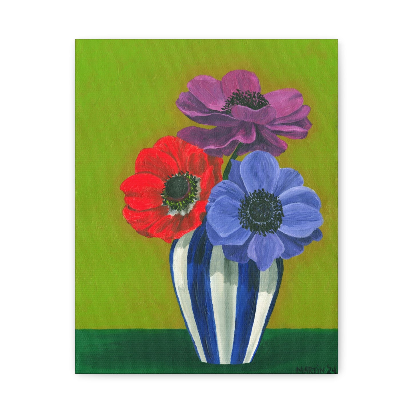 Three Anemones in Blue and White Striped Vase Canvas Gallery Wrap