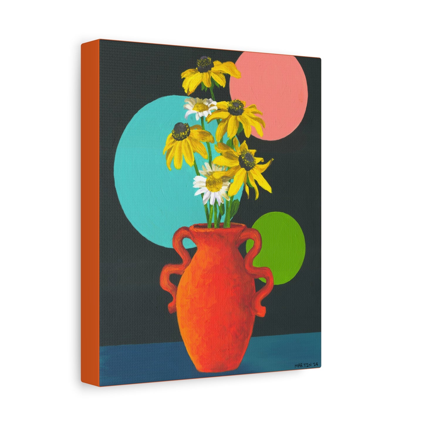 Black Eyed Susans and Wild Daisies in Orange Vase Canvas Gallery Wrap