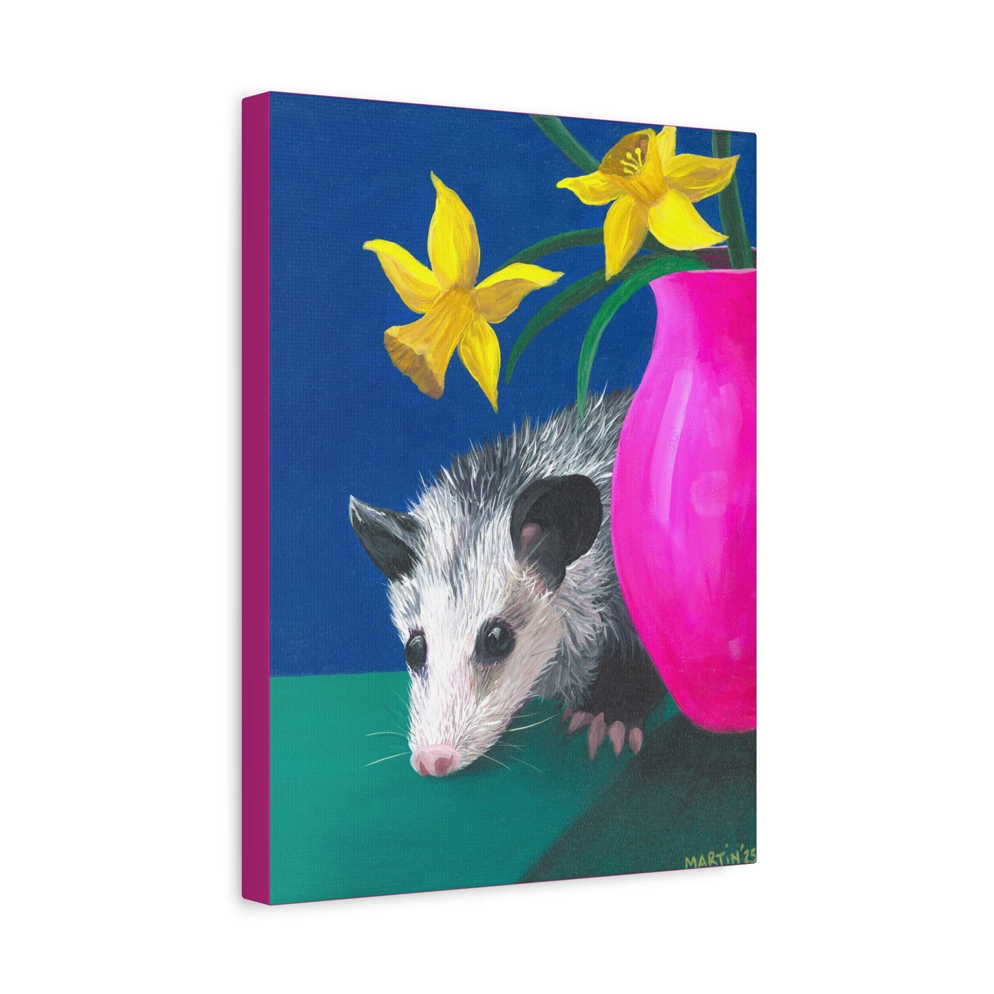 Opossum with Daffodils Matte Canvas, Stretched, 1.25"