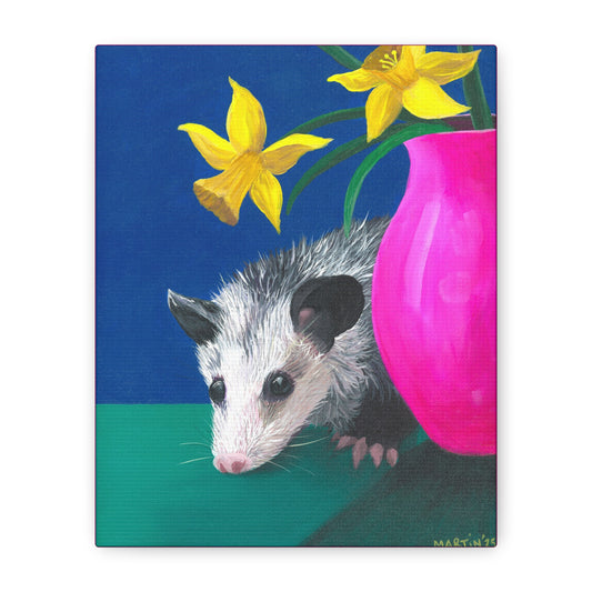 Opossum with Daffodils Matte Canvas, Stretched, 1.25"