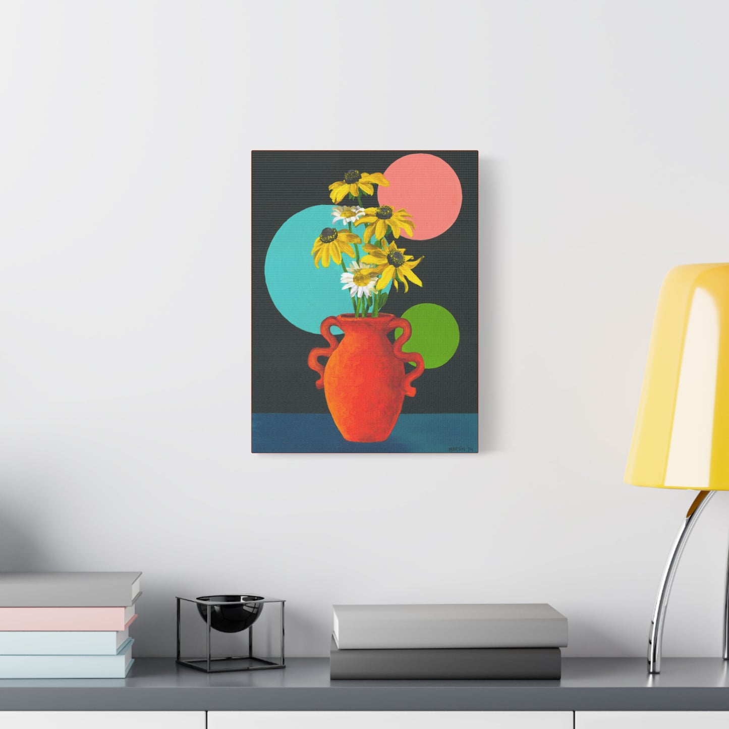 Black Eyed Susans and Wild Daisies in Orange Vase Canvas Gallery Wrap