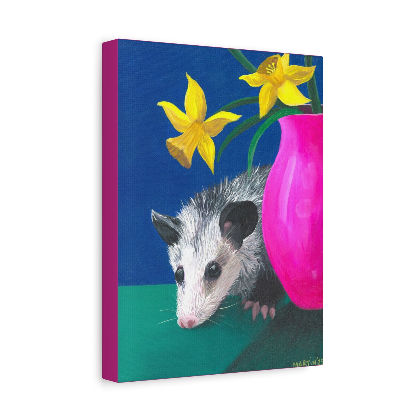 Opossum with Daffodils Matte Canvas, Stretched, 1.25"
