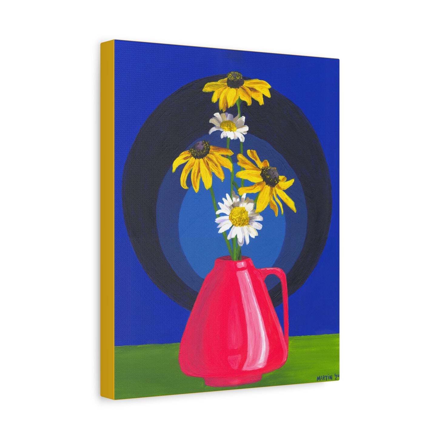 Black Eyed Susans and Wild Daisies in Pink Vase Canvas Gallery Wrap
