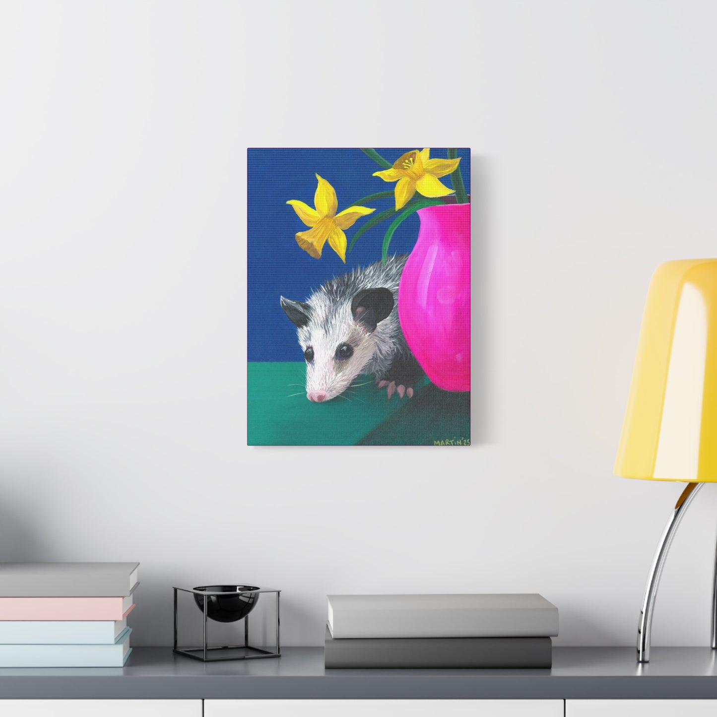 Opossum with Daffodils Matte Canvas, Stretched, 1.25"