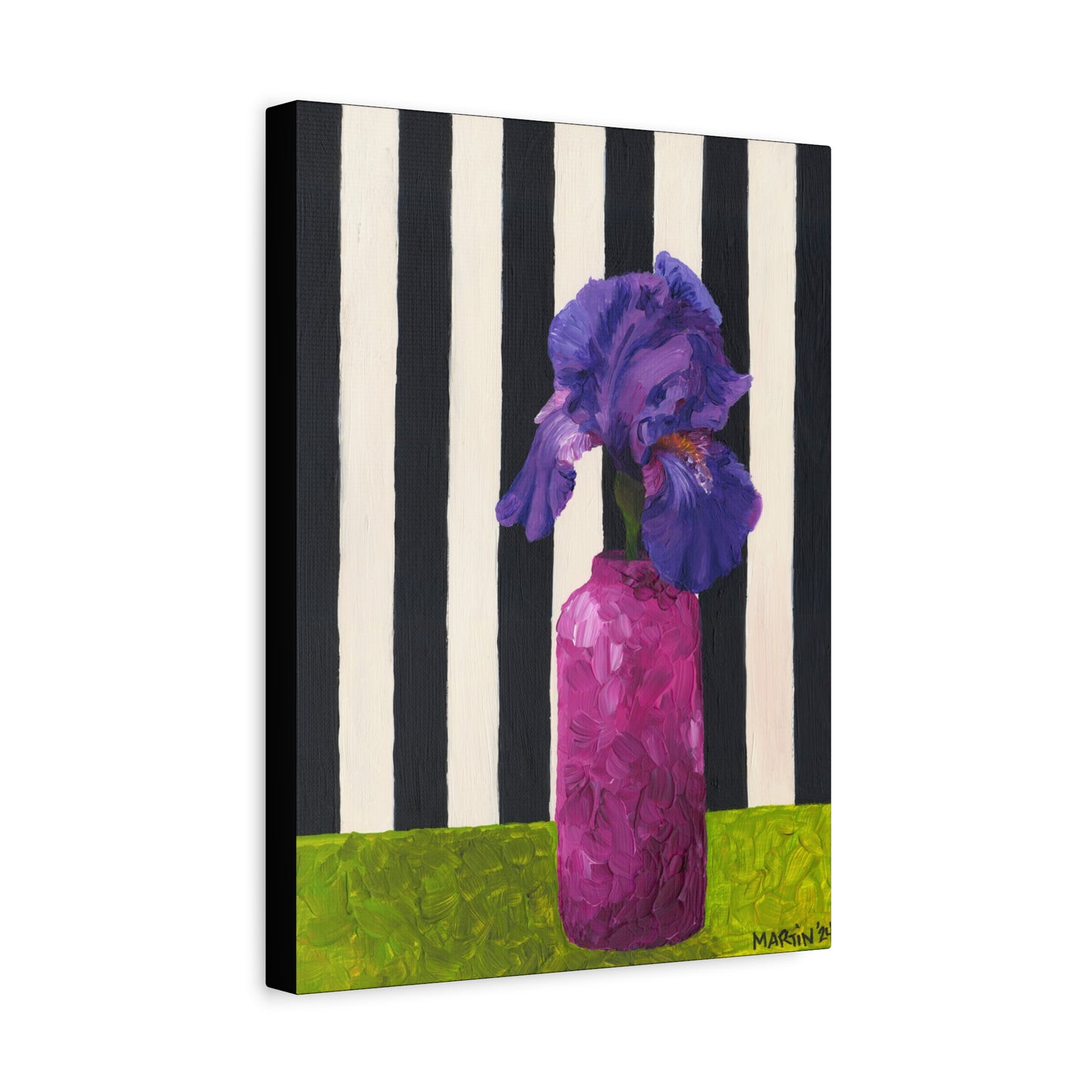 Purple Iris with Black and White Striped Background Canvas Gallery Wrap