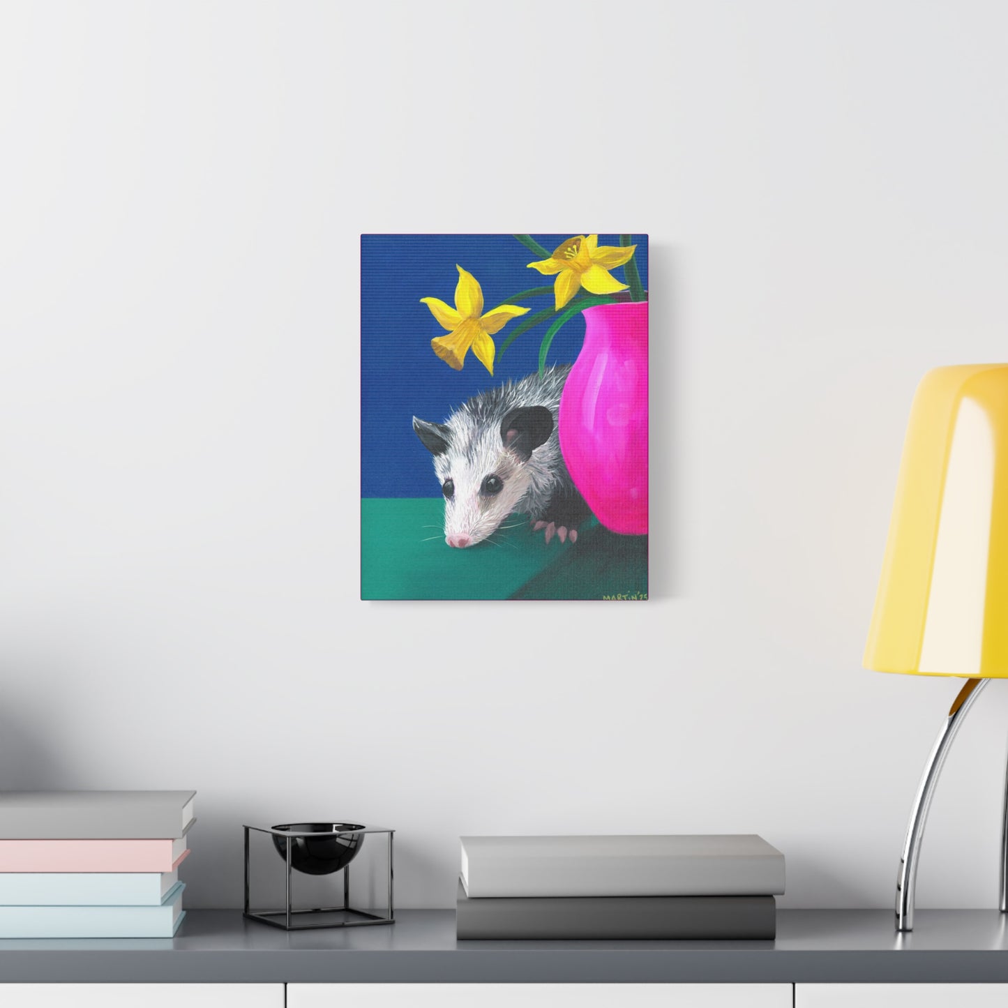 Opossum with Daffodils Matte Canvas, Stretched, 1.25"