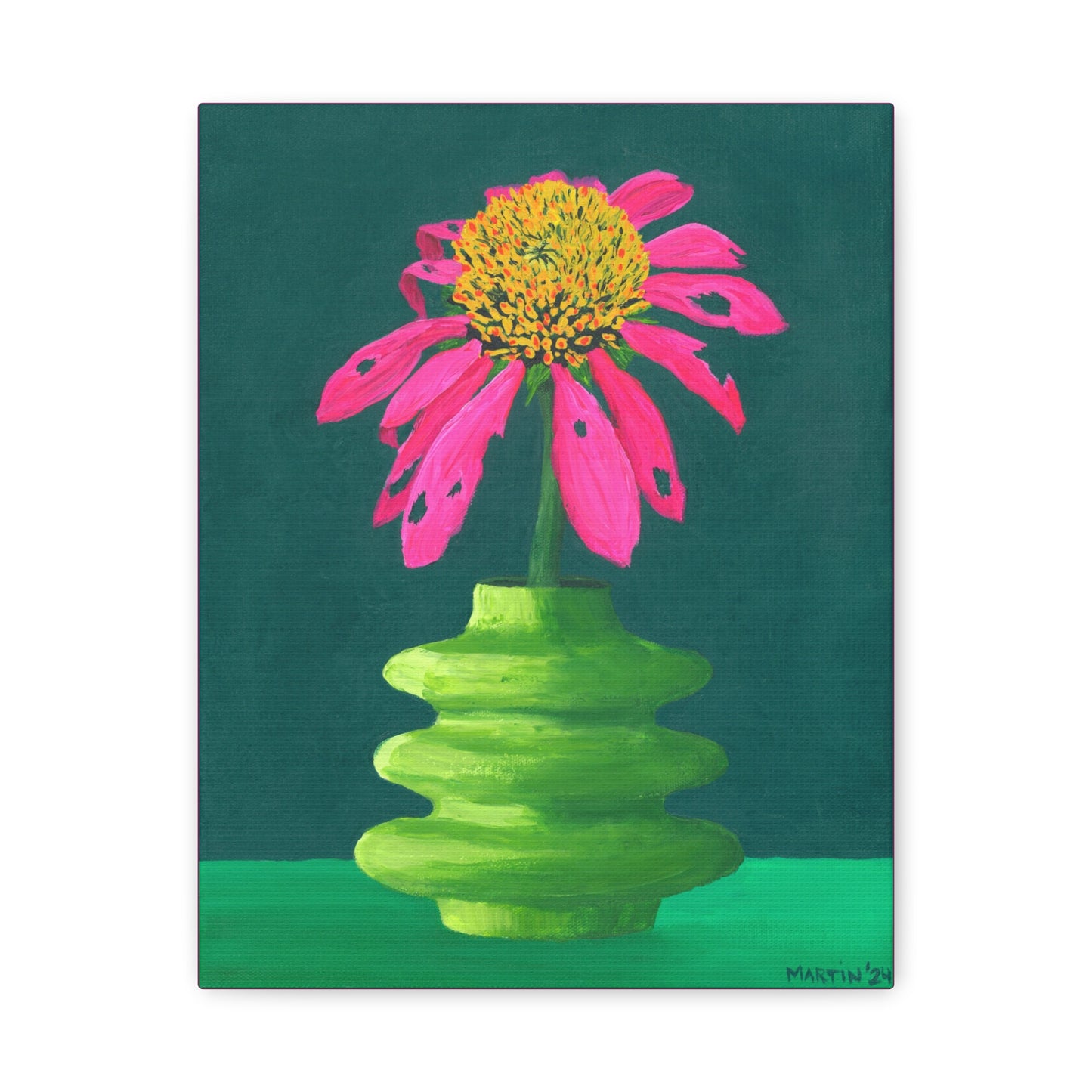 Beat-Up Coneflower in Wavy Green Vase Canvas Gallery Wrap