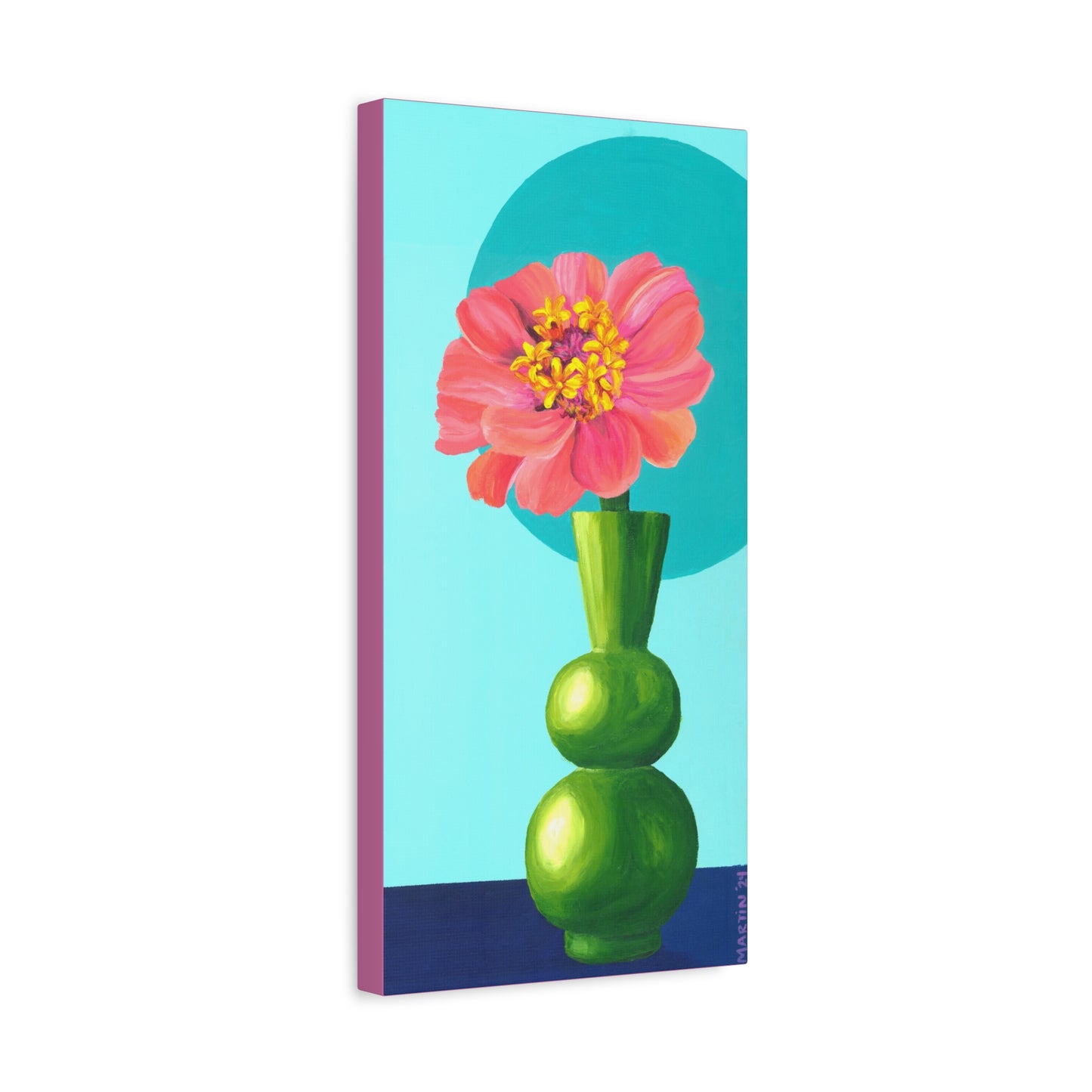 Pink Zinnia in Green Vase Canvas Gallery Wrap