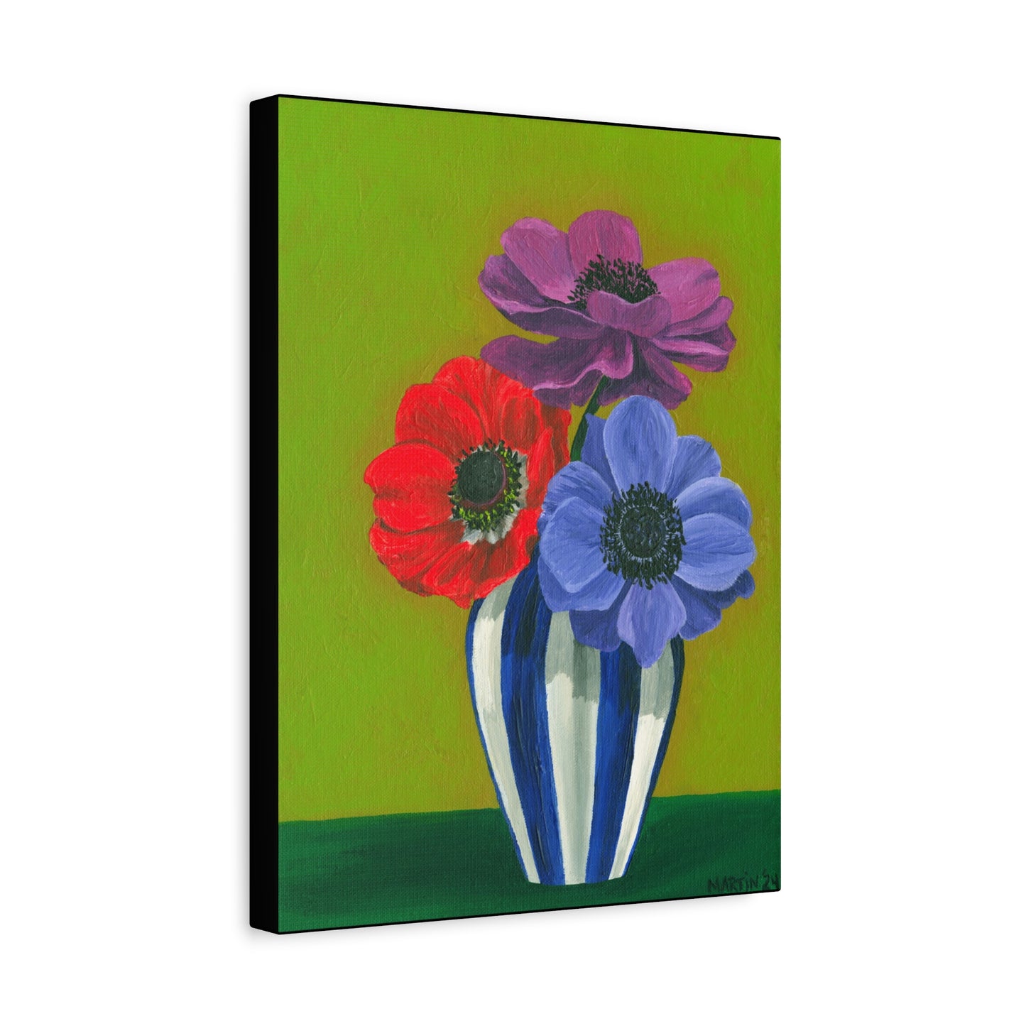 Three Anemones in Blue and White Striped Vase Canvas Gallery Wrap