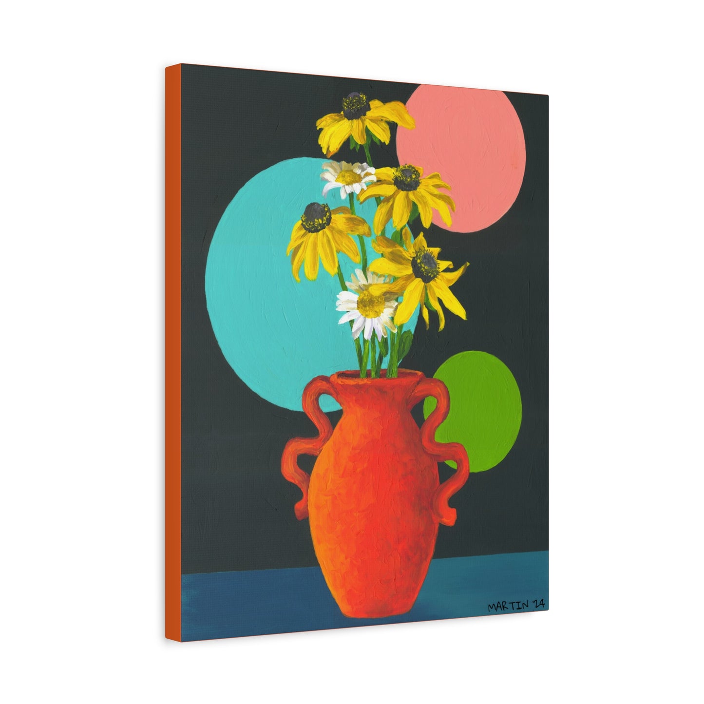 Black Eyed Susans and Wild Daisies in Orange Vase Canvas Gallery Wrap