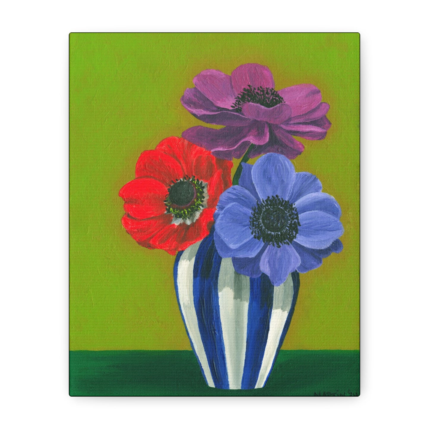 Three Anemones in Blue and White Striped Vase Canvas Gallery Wrap