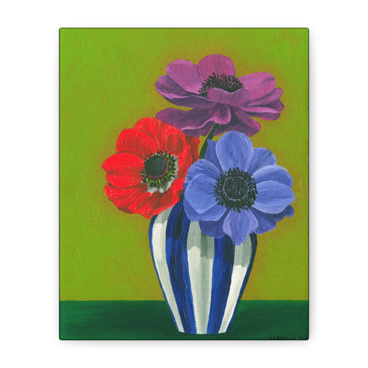 Three Anemones in Blue and White Striped Vase Canvas Gallery Wrap