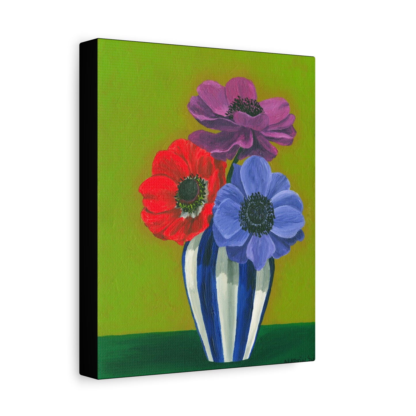 Three Anemones in Blue and White Striped Vase Canvas Gallery Wrap