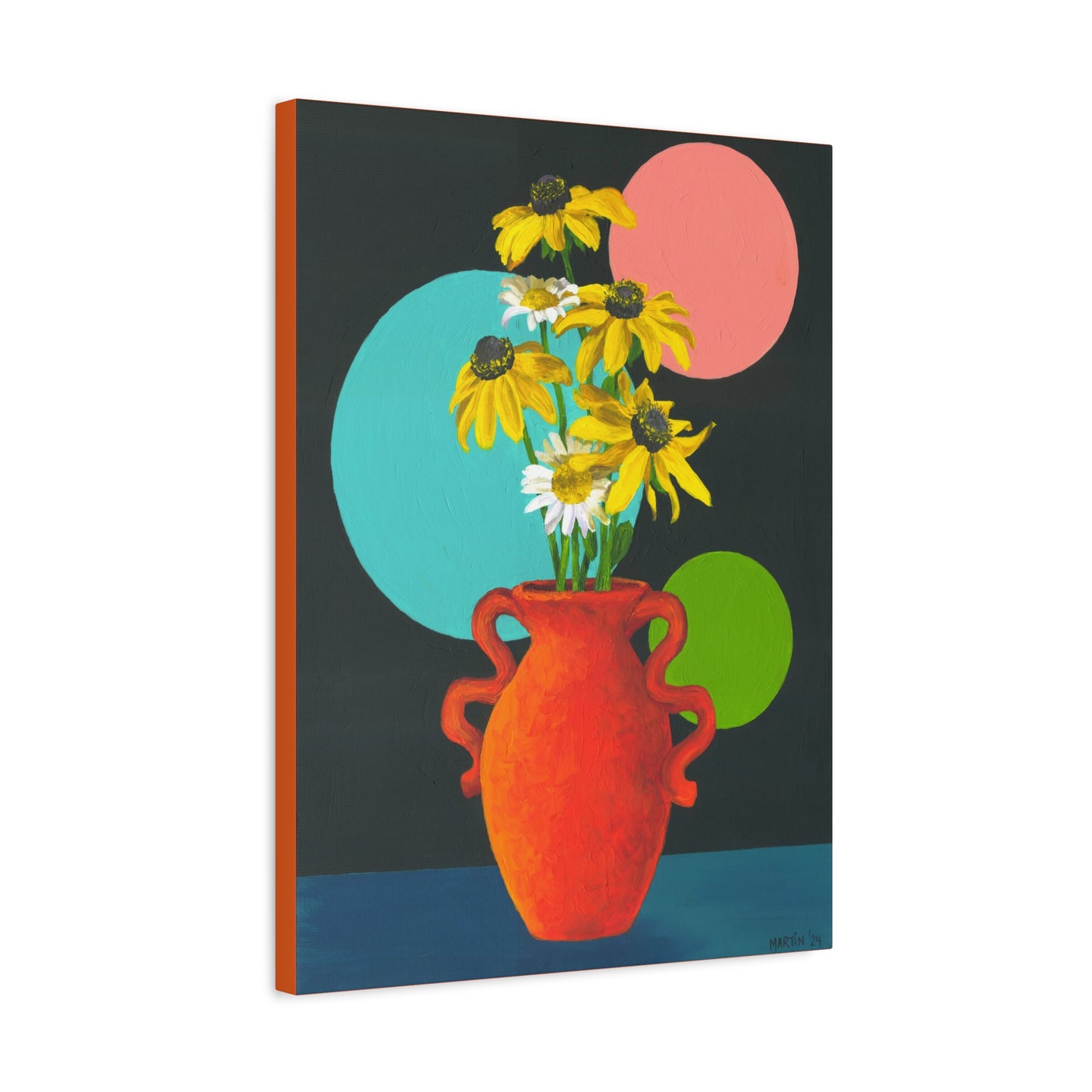 Black Eyed Susans and Wild Daisies in Orange Vase Canvas Gallery Wrap