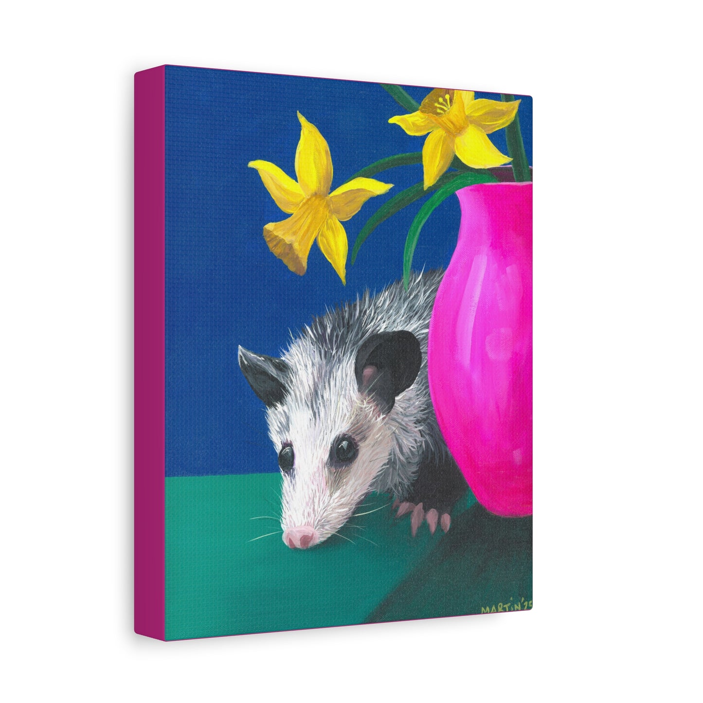 Opossum with Daffodils Matte Canvas, Stretched, 1.25"