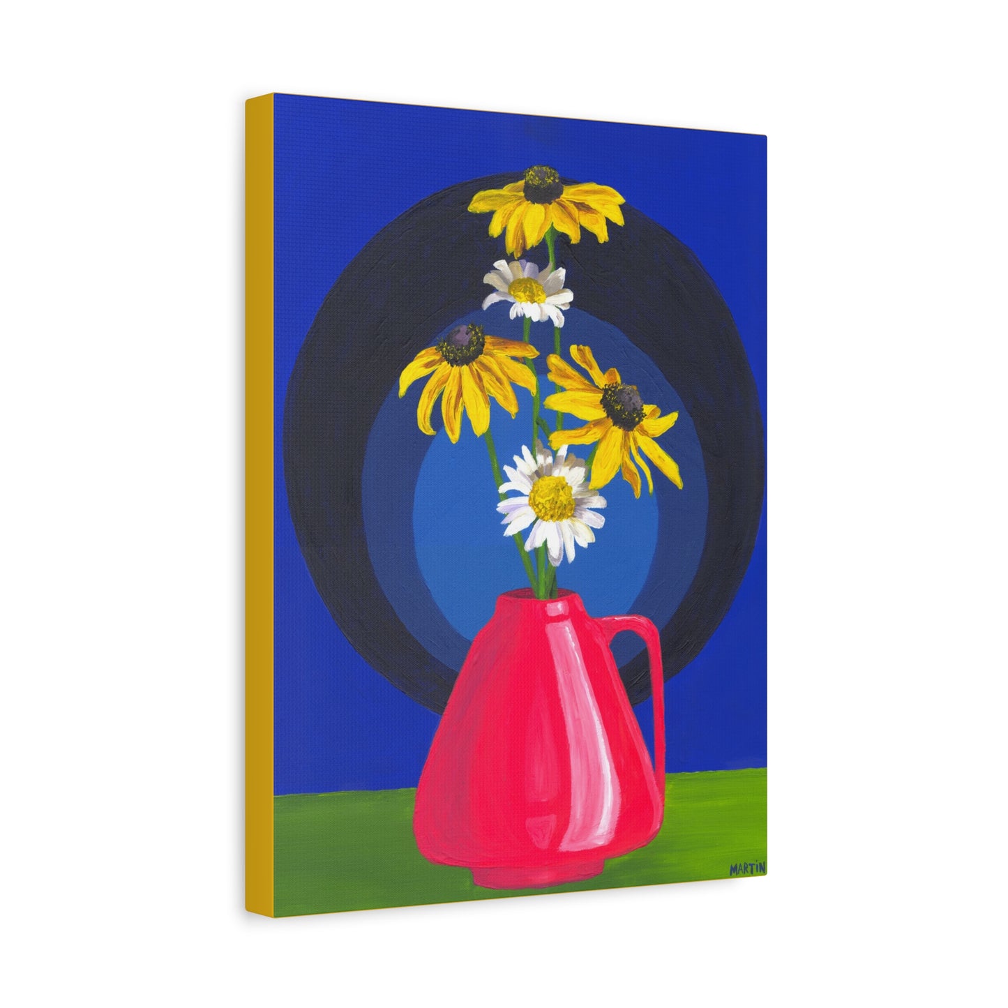 Black Eyed Susans and Wild Daisies in Pink Vase Canvas Gallery Wrap