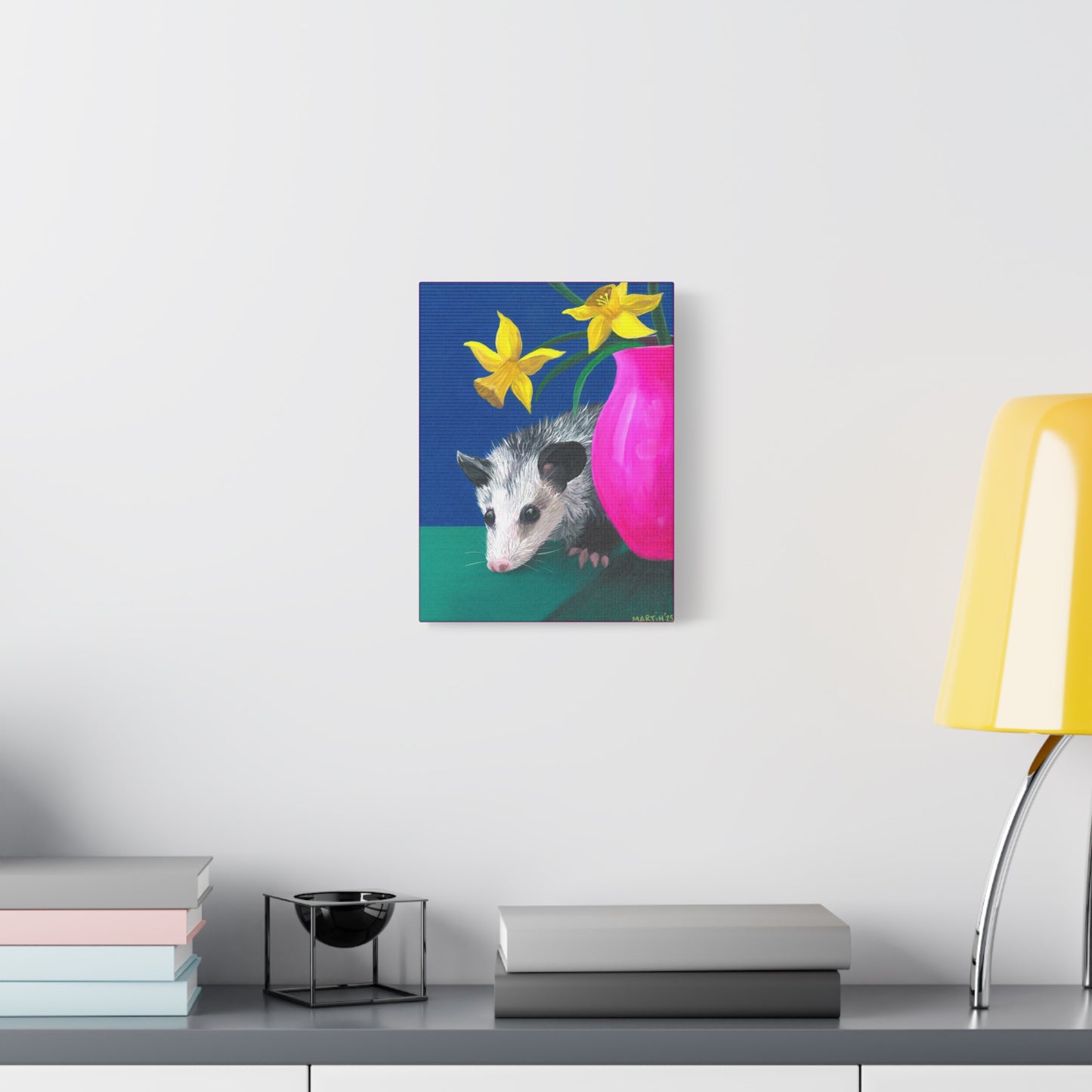 Opossum with Daffodils Matte Canvas, Stretched, 1.25"