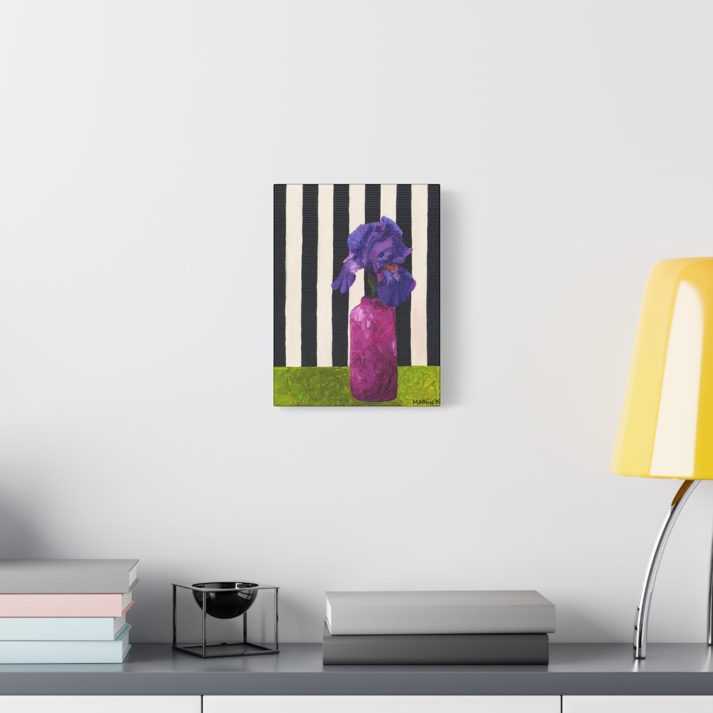 Purple Iris with Black and White Striped Background Canvas Gallery Wrap