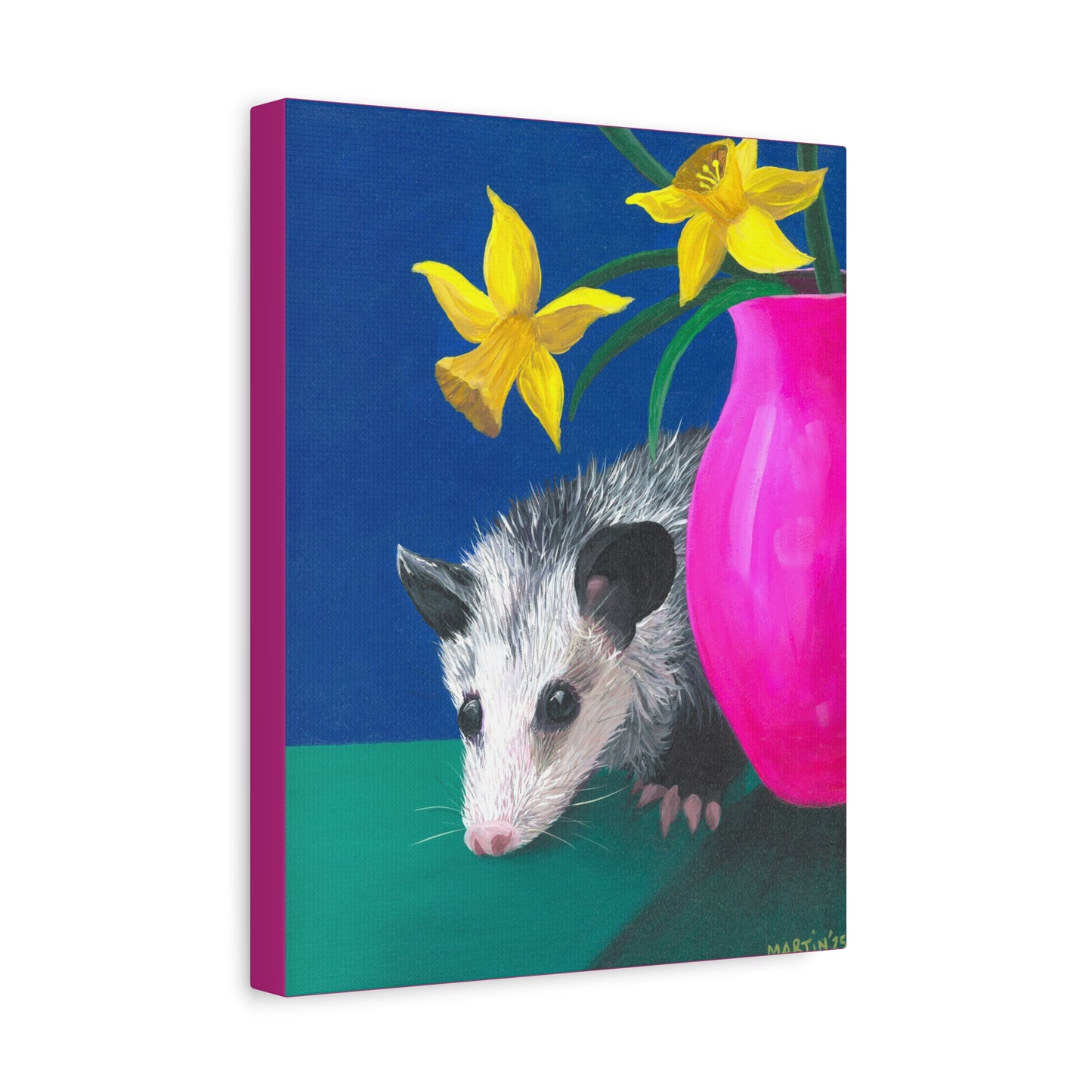 Opossum with Daffodils Matte Canvas, Stretched, 1.25"