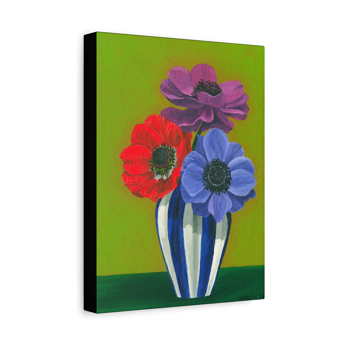 Three Anemones in Blue and White Striped Vase Canvas Gallery Wrap
