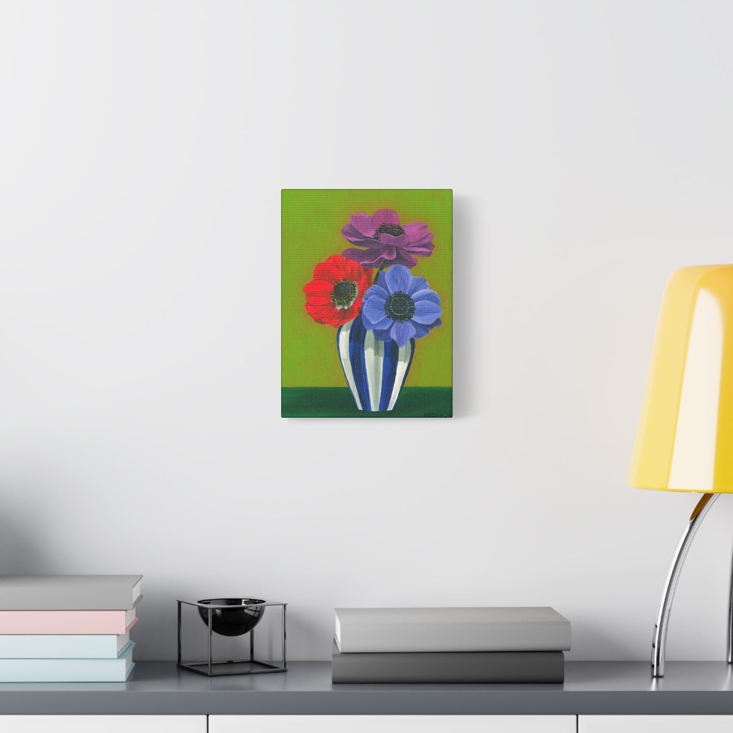 Three Anemones in Blue and White Striped Vase Canvas Gallery Wrap