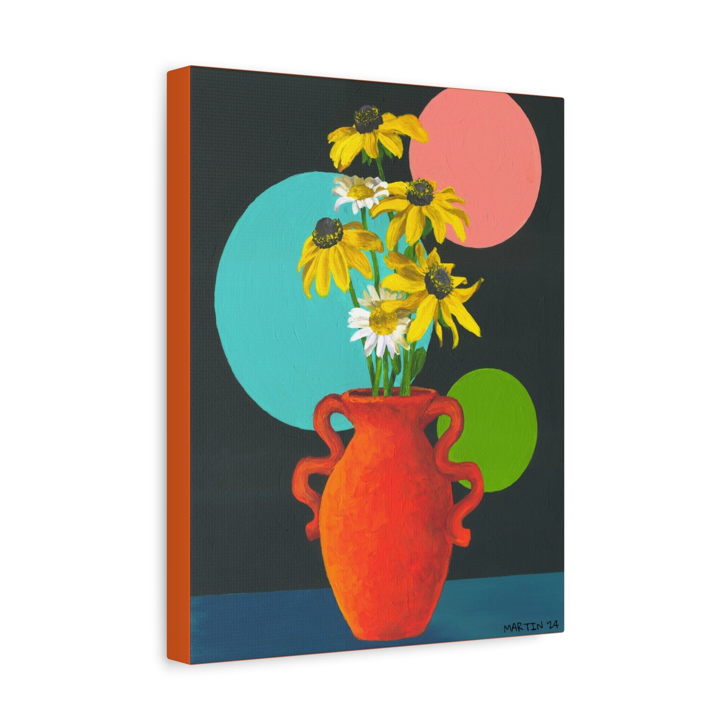 Black Eyed Susans and Wild Daisies in Orange Vase Canvas Gallery Wrap