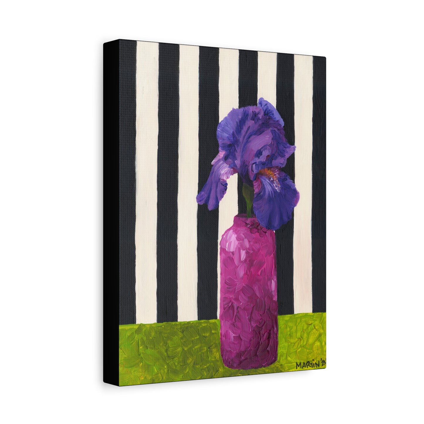 Purple Iris with Black and White Striped Background Canvas Gallery Wrap