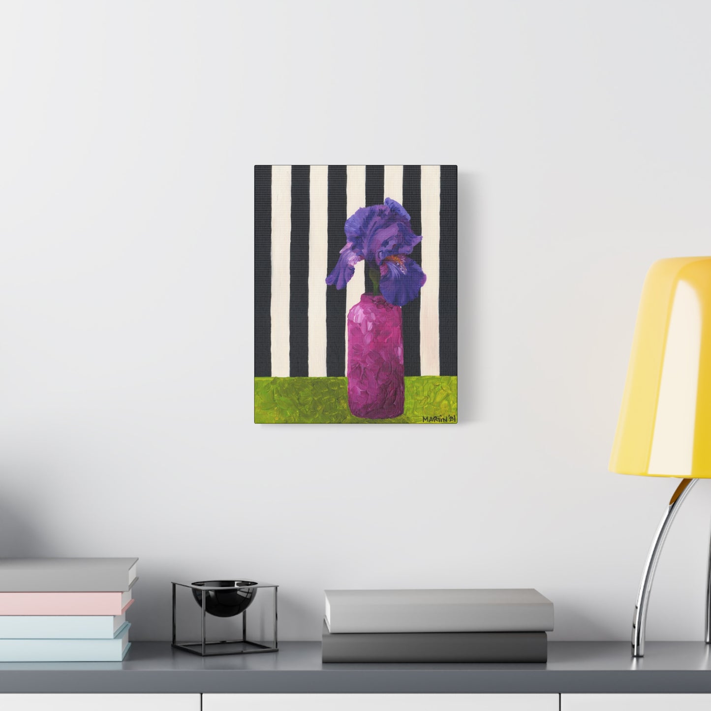 Purple Iris with Black and White Striped Background Canvas Gallery Wrap