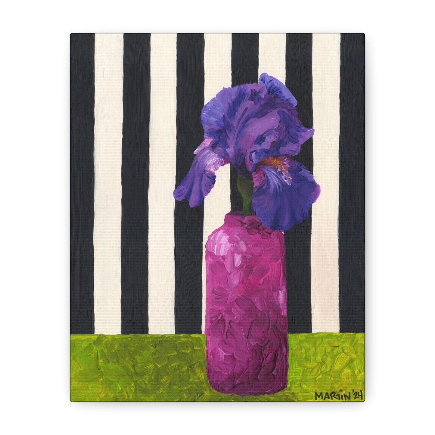 Purple Iris with Black and White Striped Background Canvas Gallery Wrap