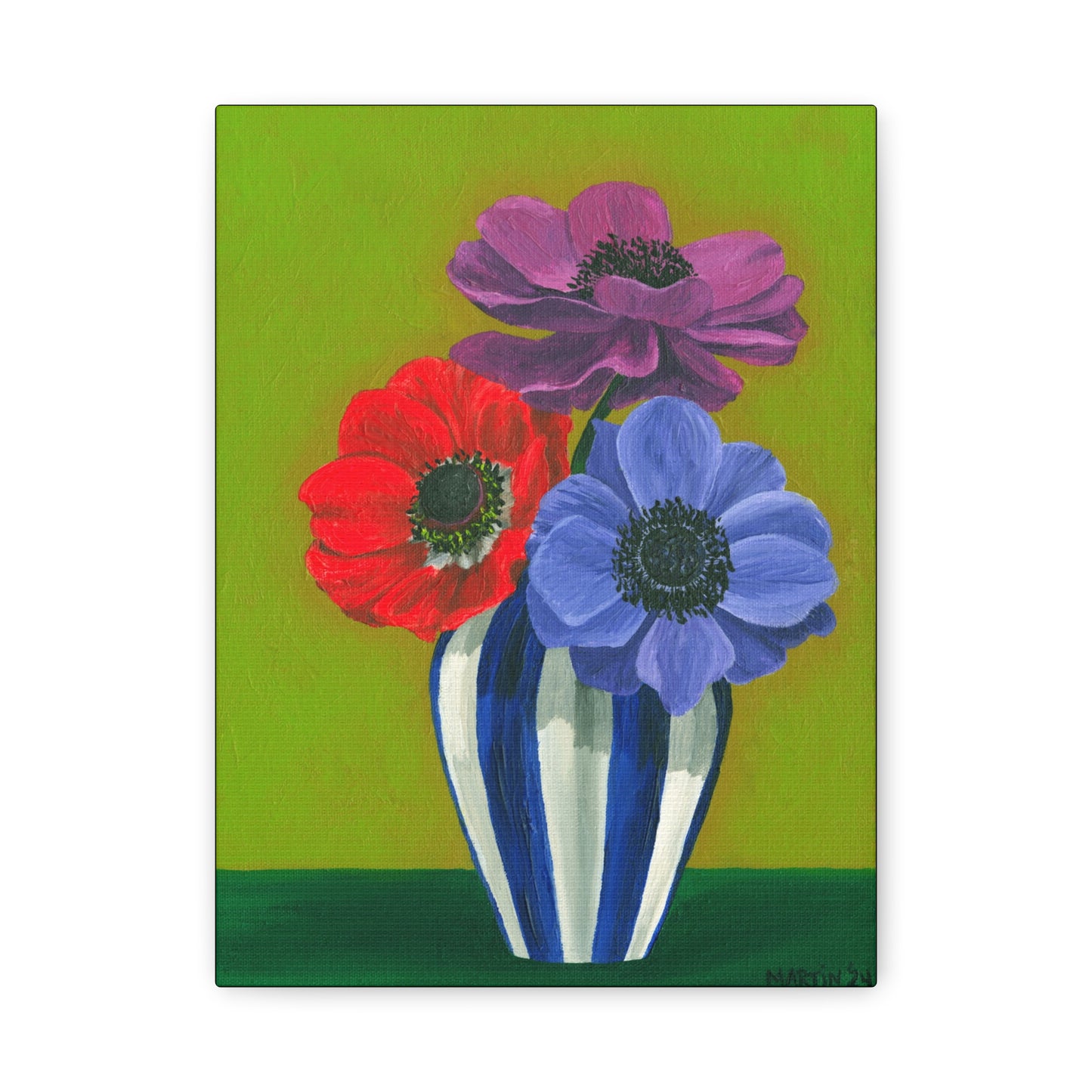 Three Anemones in Blue and White Striped Vase Canvas Gallery Wrap