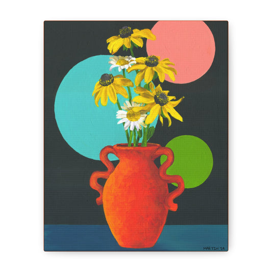 Black Eyed Susans and Wild Daisies in Orange Vase Canvas Gallery Wrap