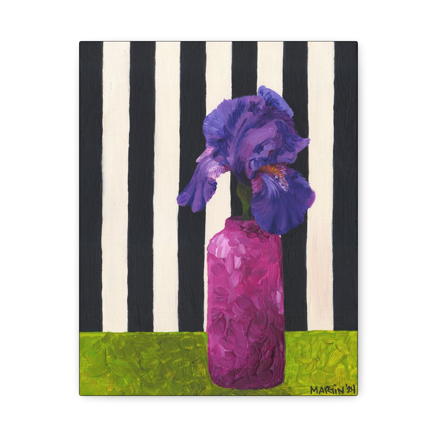 Purple Iris with Black and White Striped Background Canvas Gallery Wrap