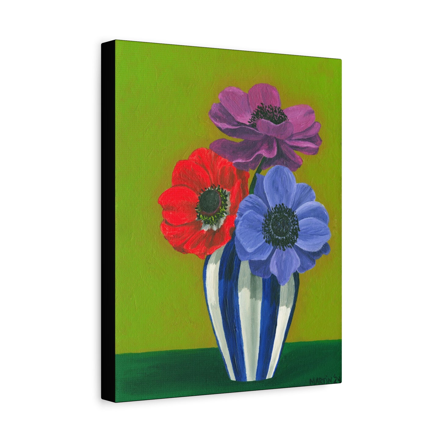 Three Anemones in Blue and White Striped Vase Canvas Gallery Wrap