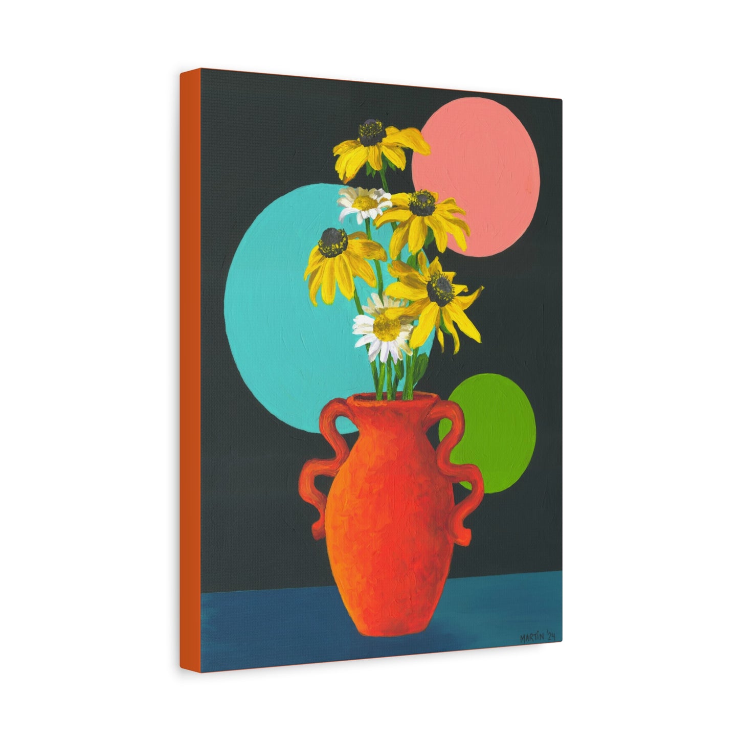 Black Eyed Susans and Wild Daisies in Orange Vase Canvas Gallery Wrap